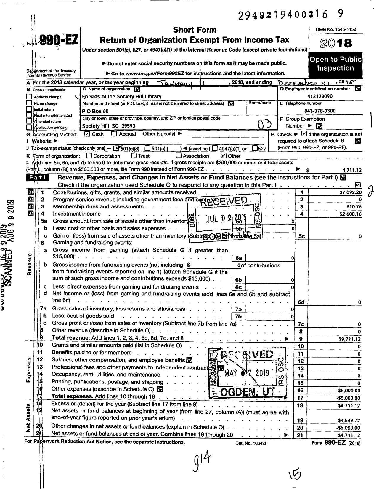 Image of first page of 2018 Form 990EZ for Friends of the Society Hill Library