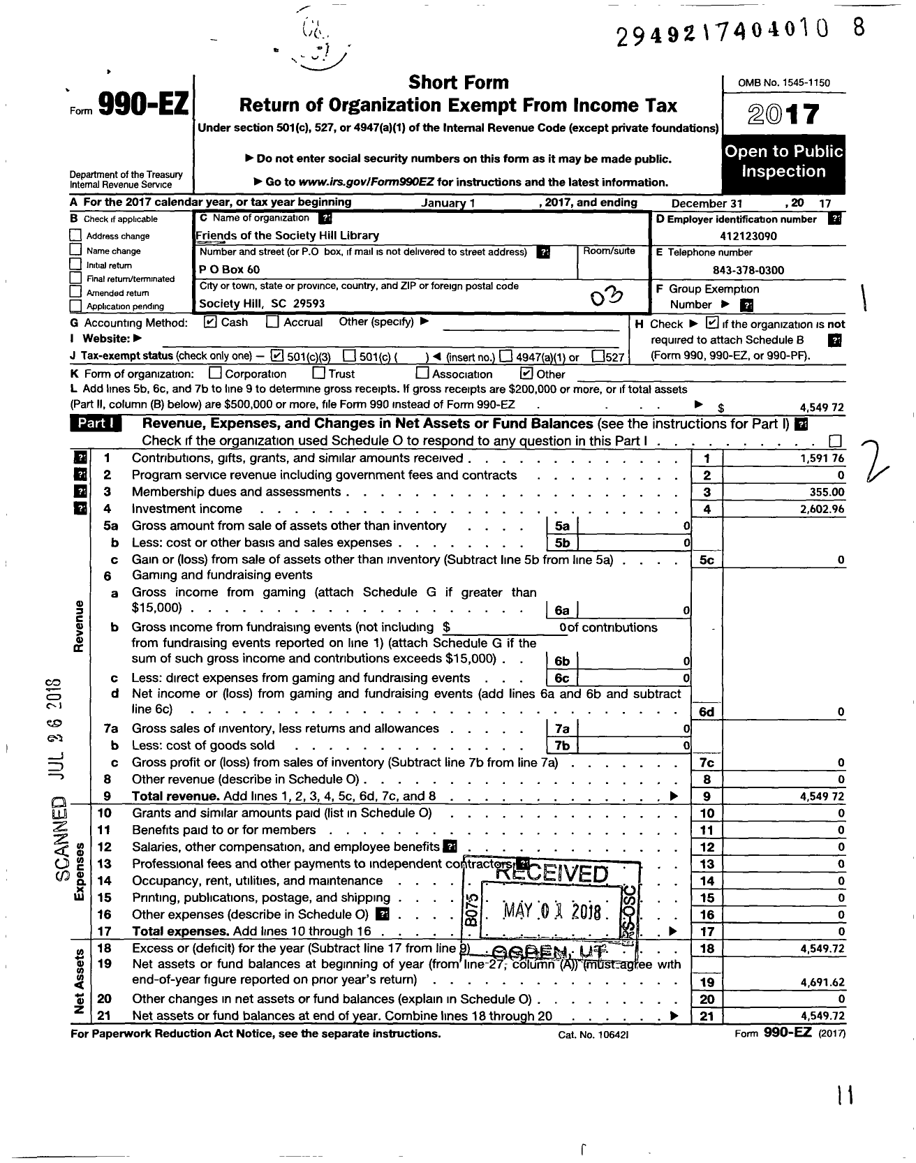 Image of first page of 2017 Form 990EZ for Friends of the Society Hill Library