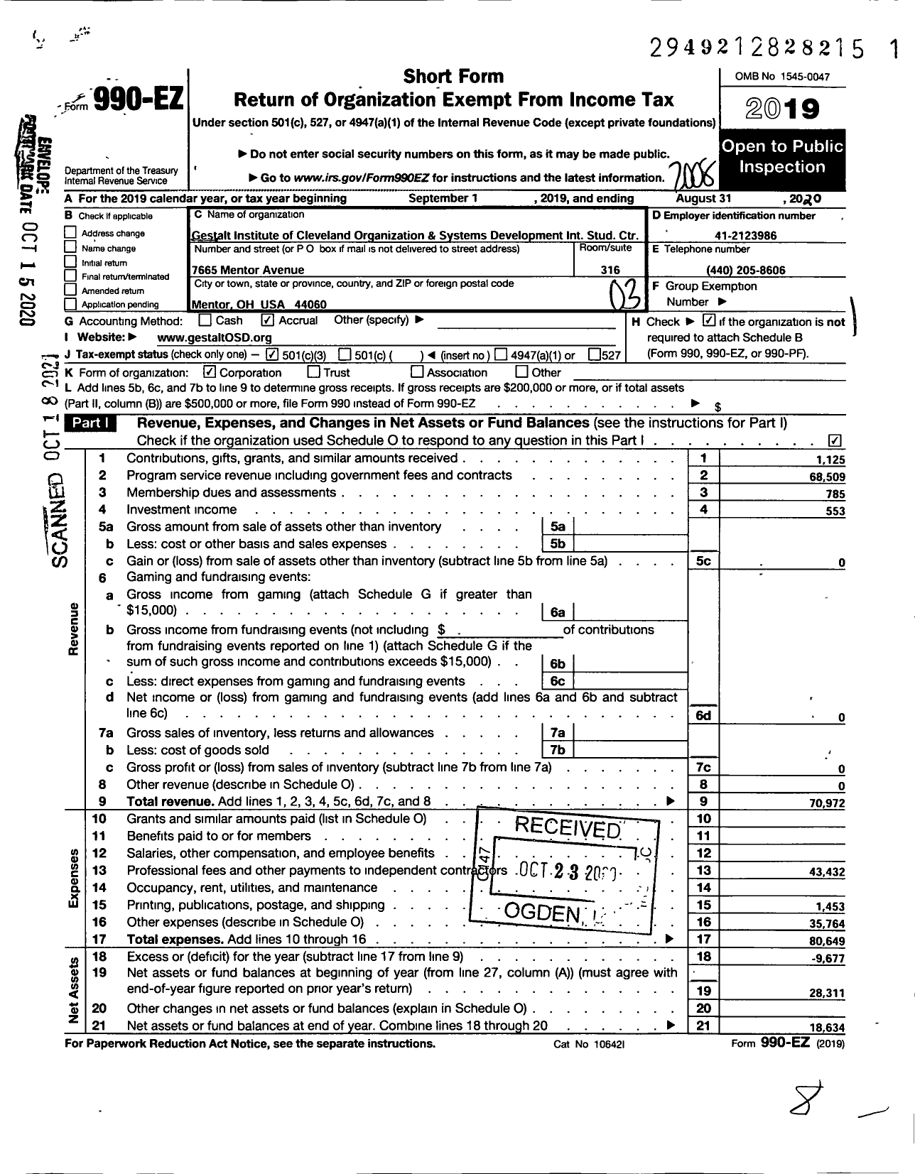 Image of first page of 2019 Form 990EZ for Gestalt Instt of Cleveland Orgn and Syts Devt Integrative Styd Center