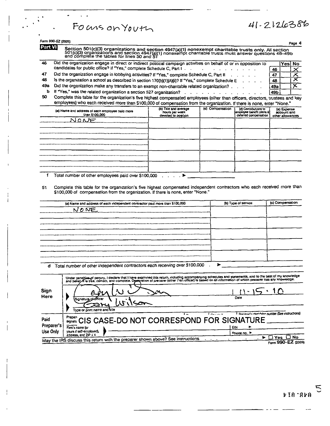 Image of first page of 2009 Form 990ER for Focus on Youth