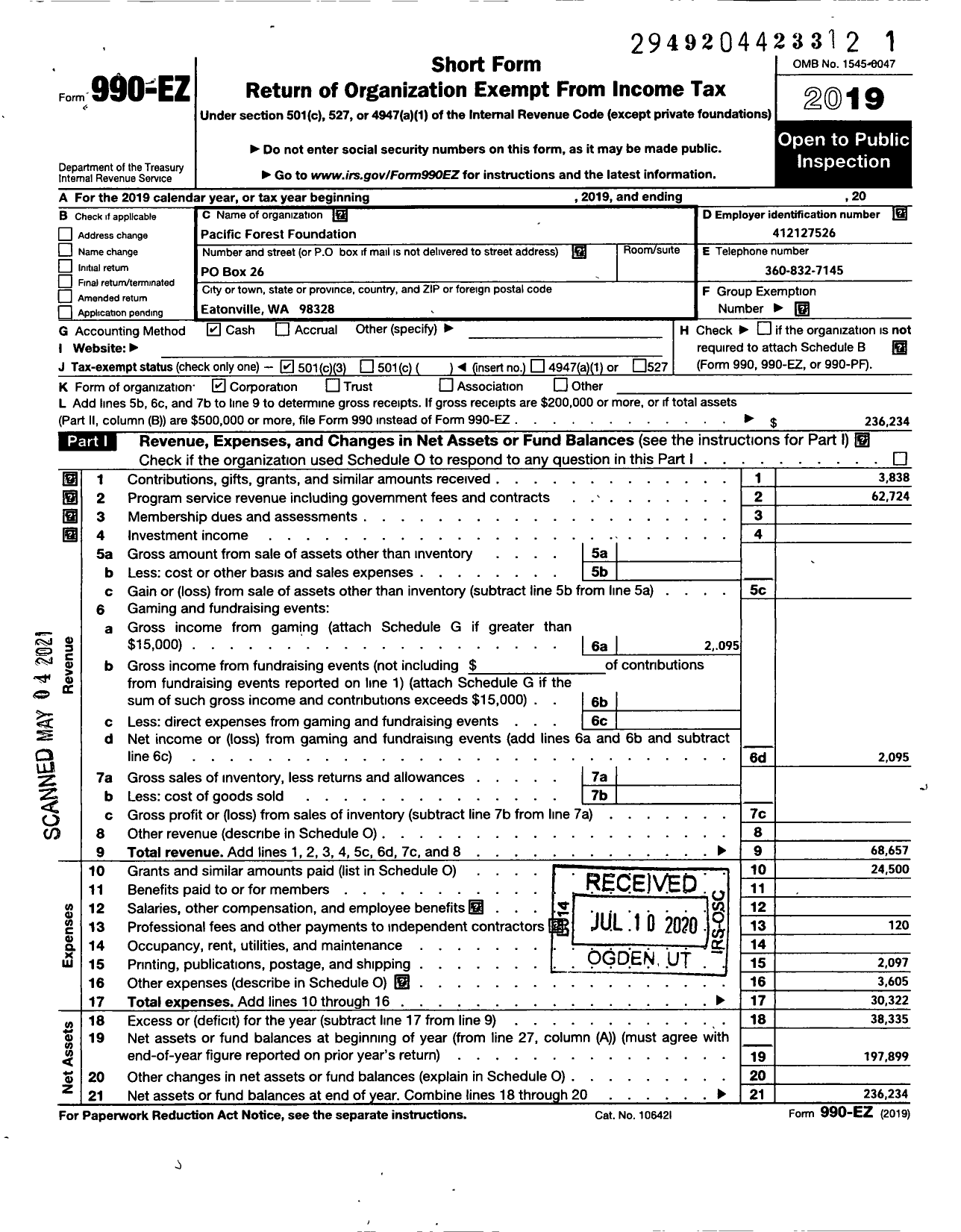 Image of first page of 2019 Form 990EZ for Pacific Forest Foundation