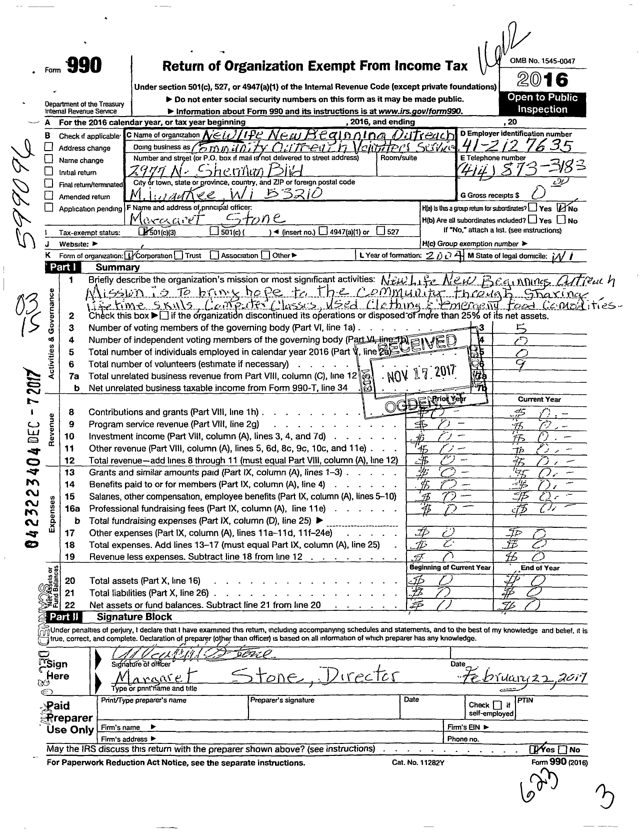 Image of first page of 2016 Form 990 for New Life-New Beginnings Outreach