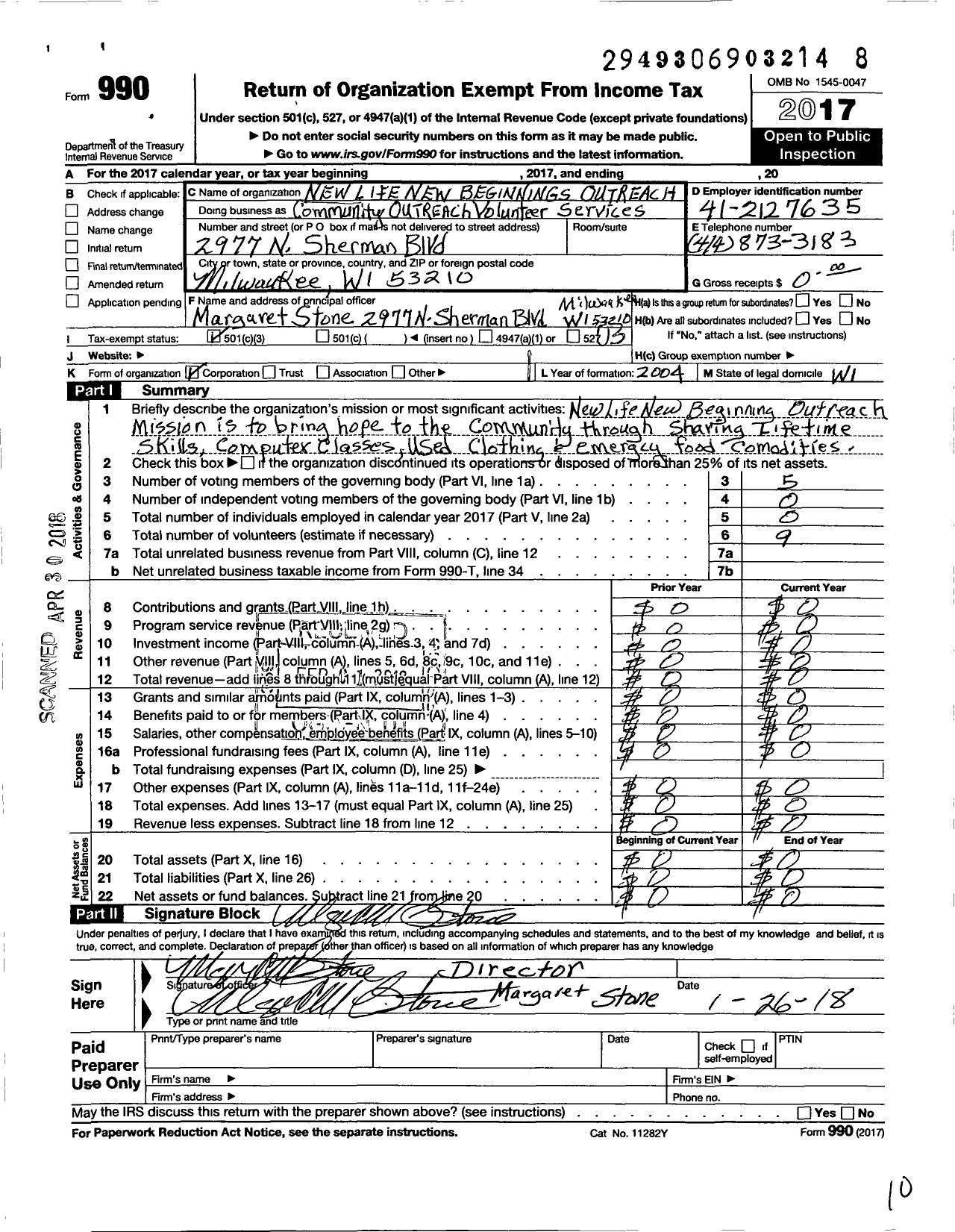 Image of first page of 2017 Form 990 for New Life-New Beginnings Outreach