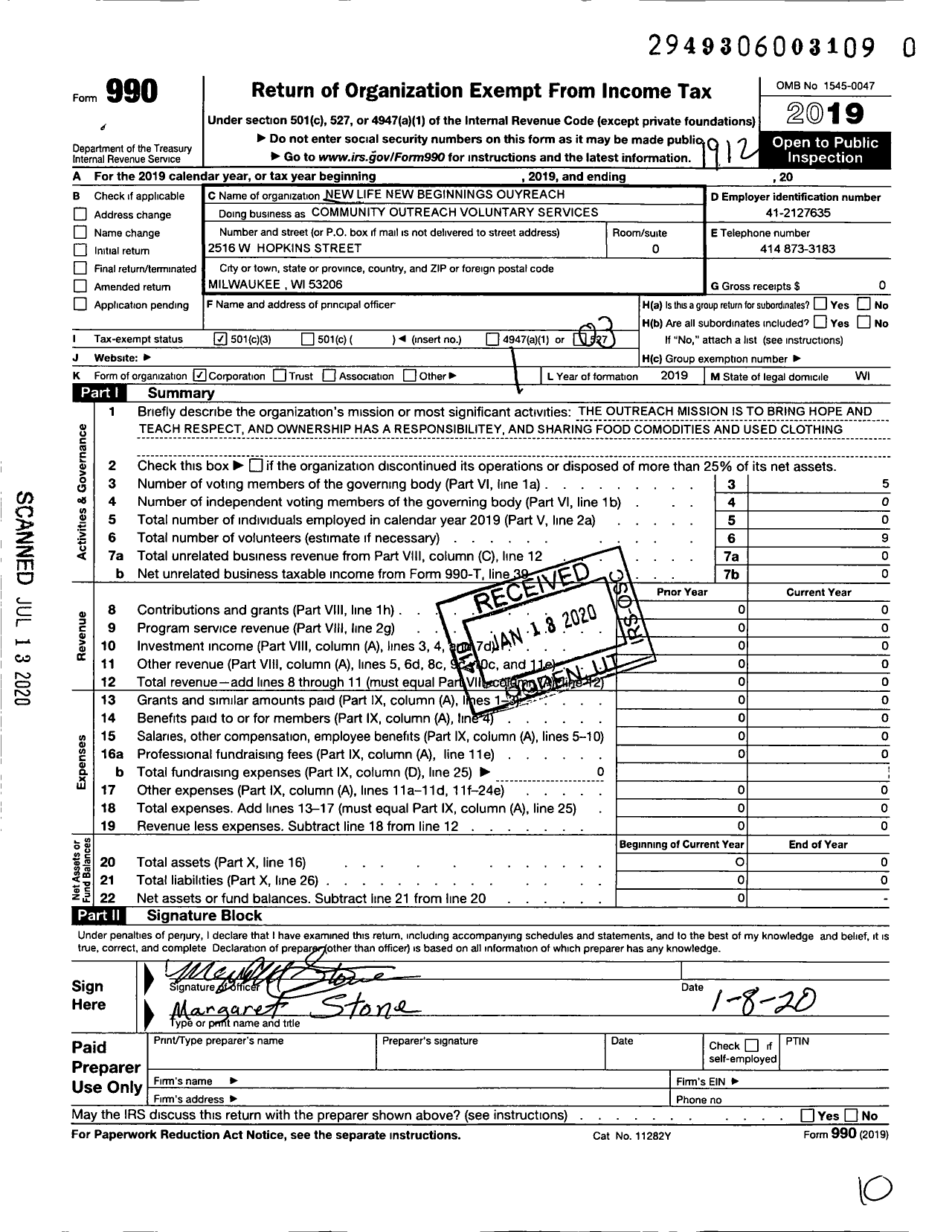 Image of first page of 2019 Form 990 for New Life-New Beginnings Outreach