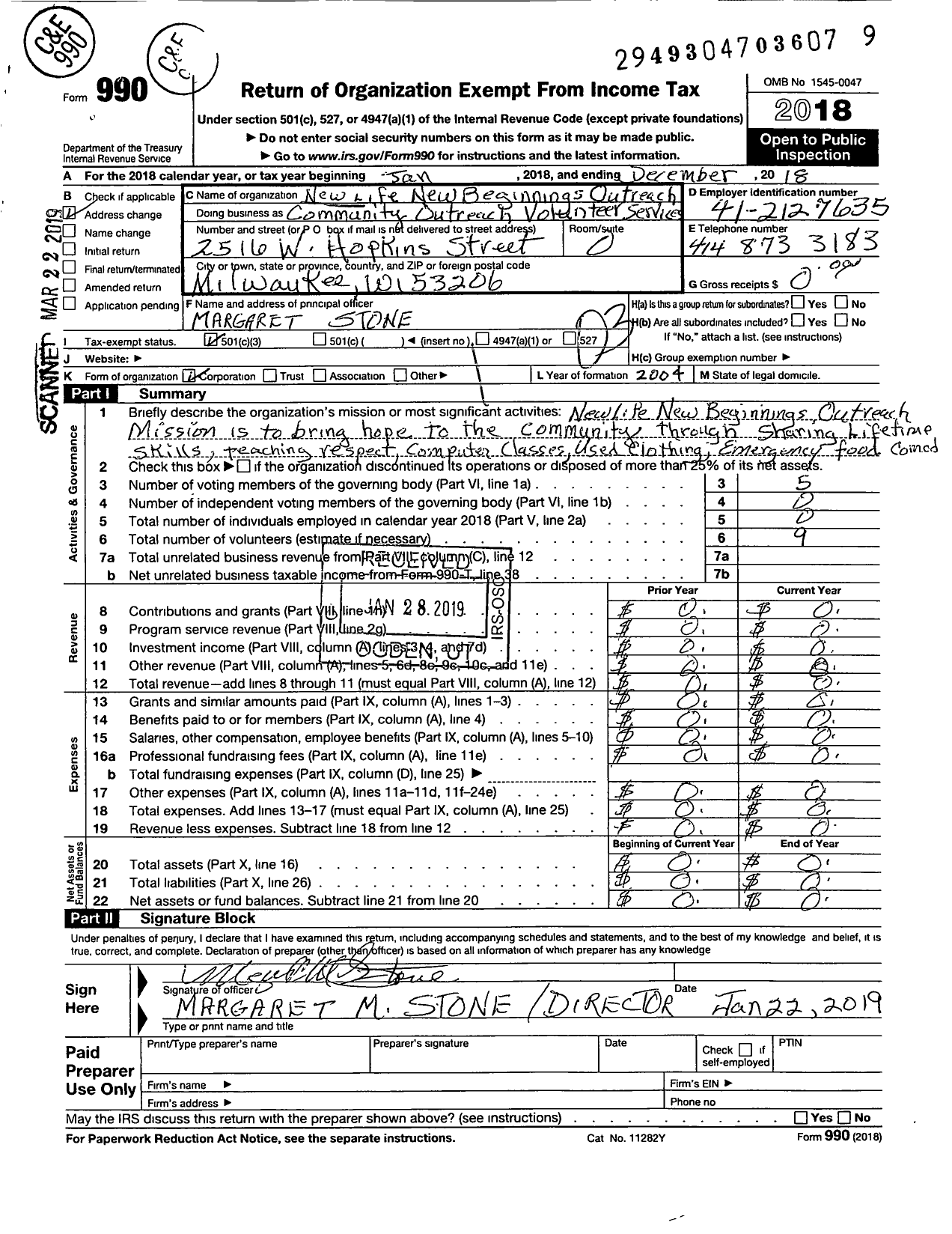 Image of first page of 2018 Form 990 for New Life-New Beginnings Outreach