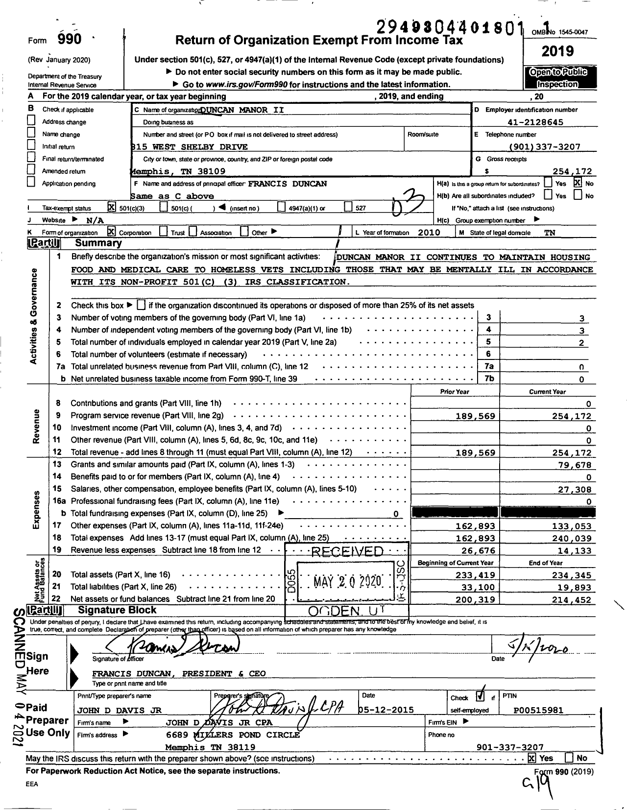 Image of first page of 2019 Form 990 for Duncan Manor Ii