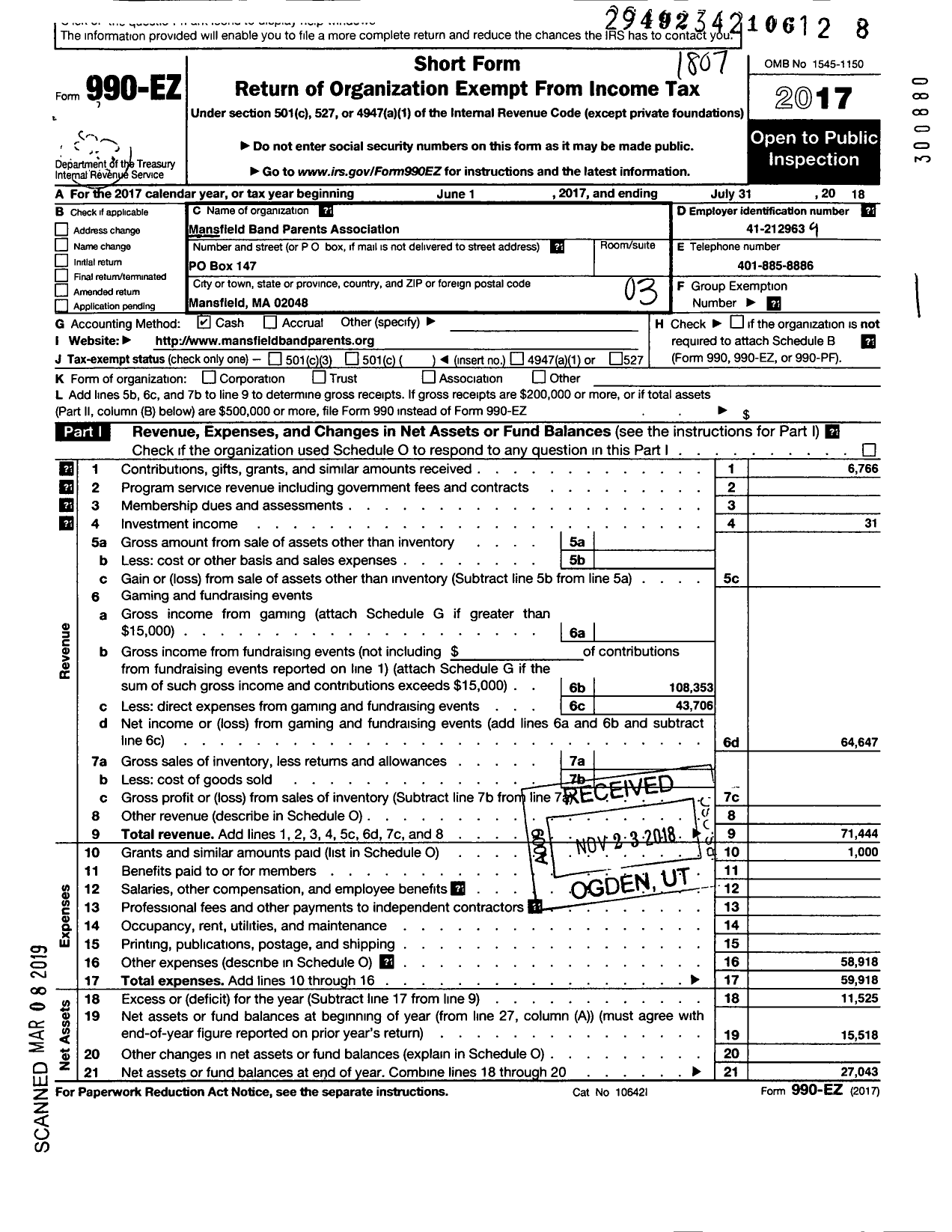 Image of first page of 2017 Form 990EZ for Mansfield Band Parents Association