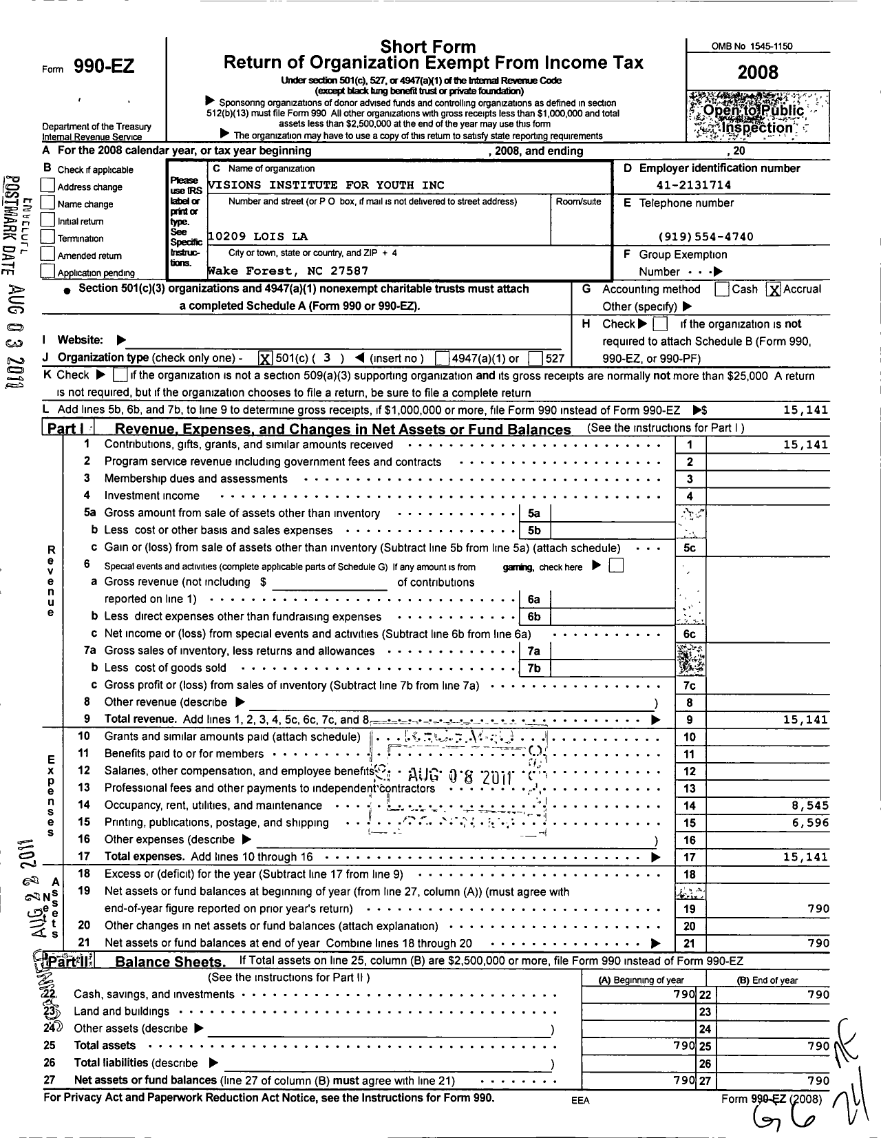 Image of first page of 2008 Form 990EZ for Visions Institute for Youth