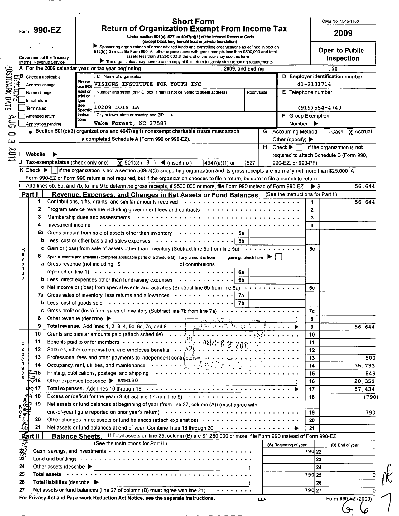 Image of first page of 2009 Form 990EZ for Visions Institute for Youth