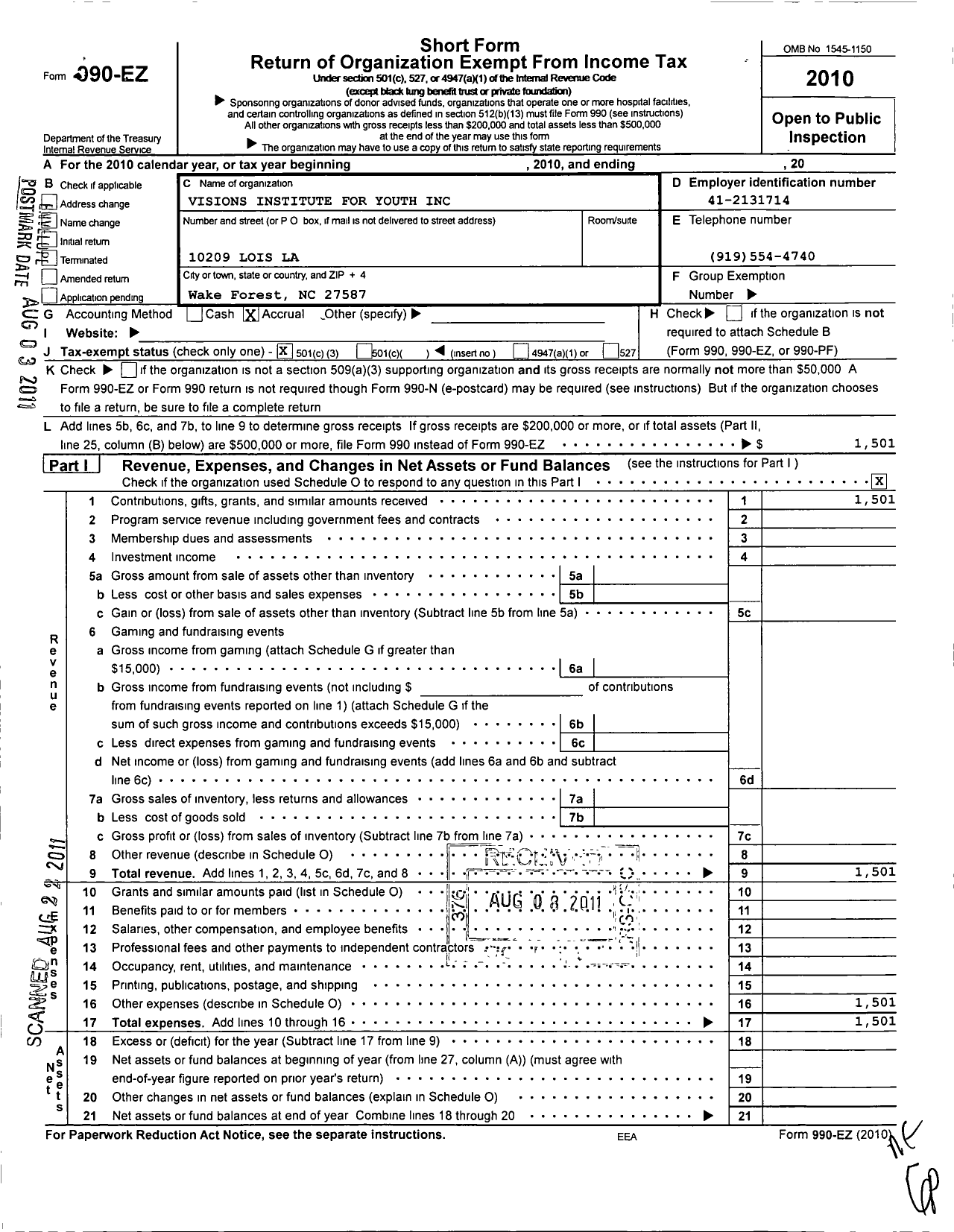 Image of first page of 2010 Form 990EZ for Visions Institute for Youth