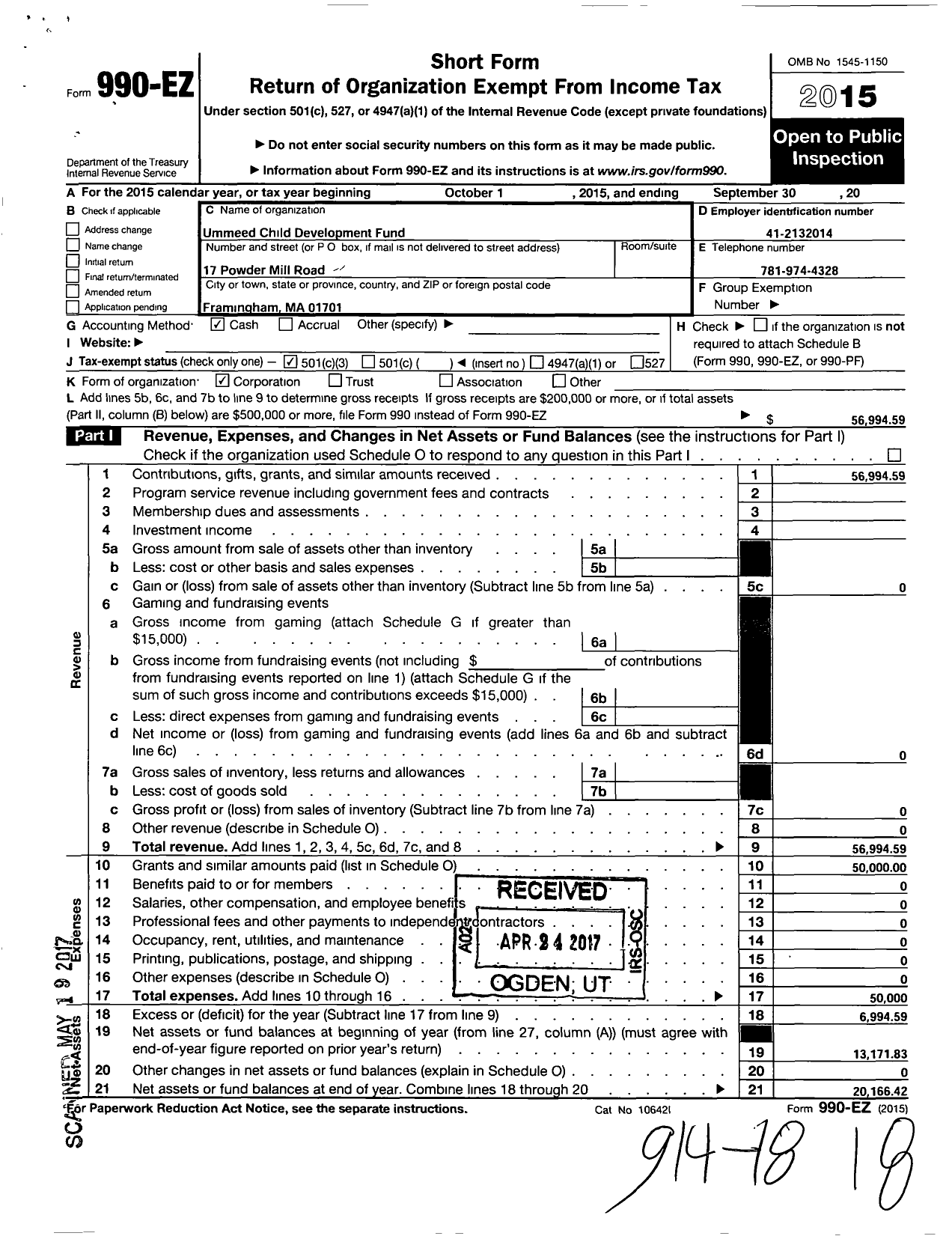 Image of first page of 2014 Form 990EZ for Ummeed Child Development Fund