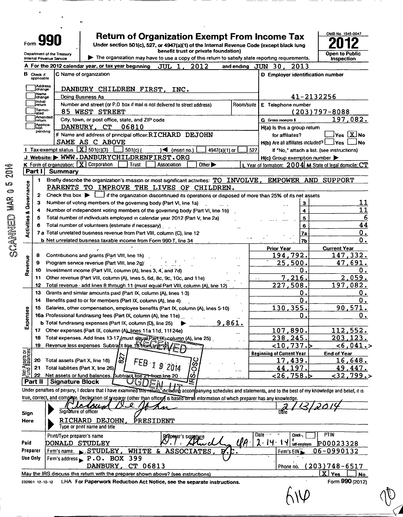 Image of first page of 2012 Form 990 for Danbury Children First