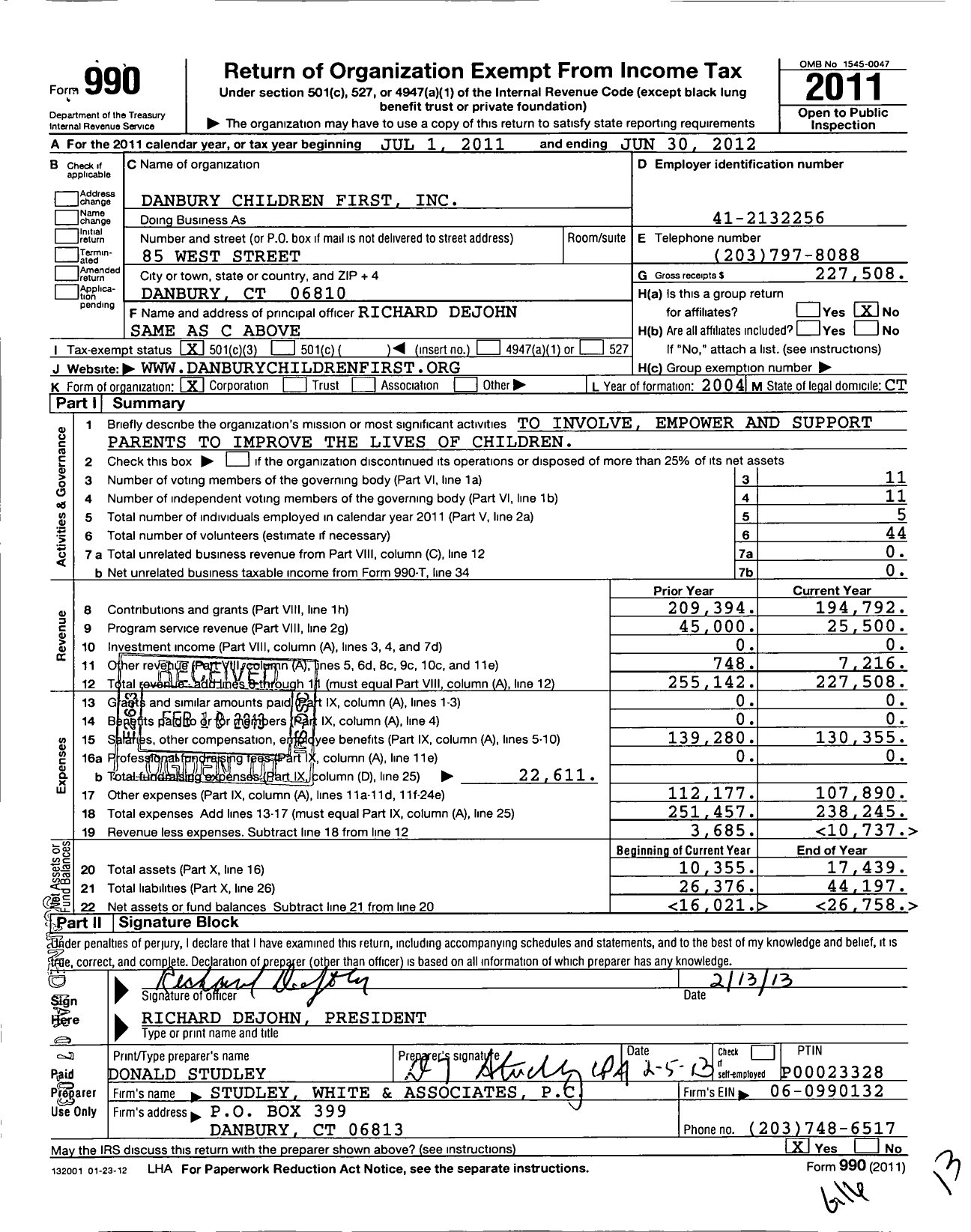 Image of first page of 2011 Form 990 for Danbury Children First