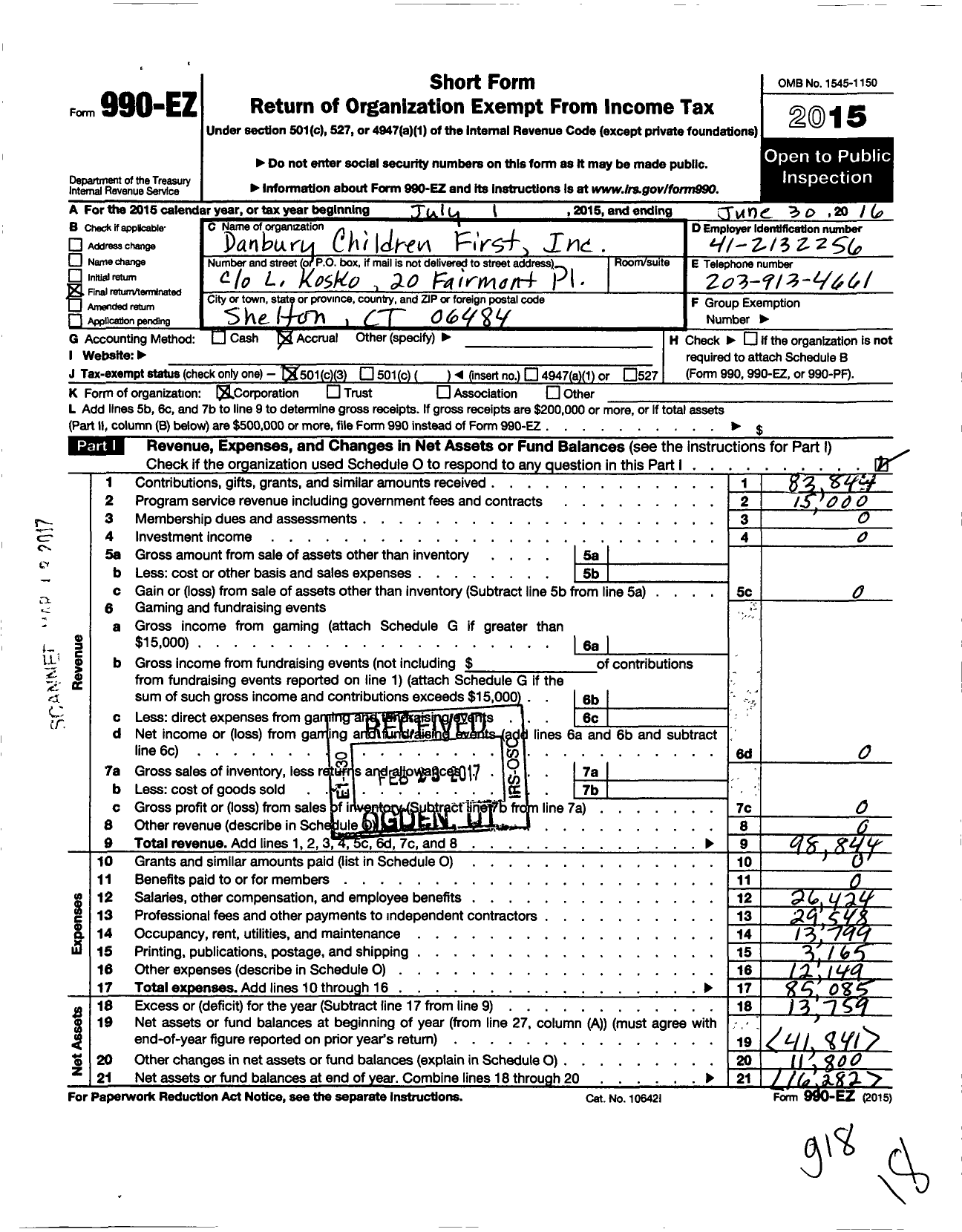 Image of first page of 2015 Form 990EZ for Danbury Children First