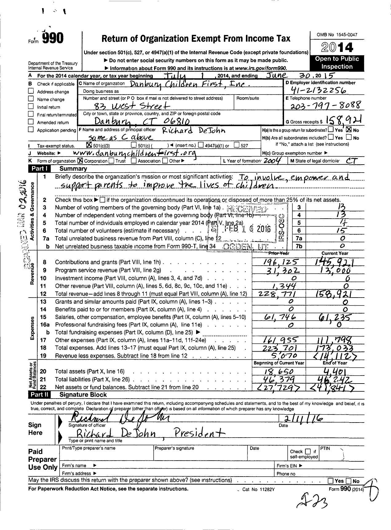 Image of first page of 2014 Form 990 for Danbury Children First