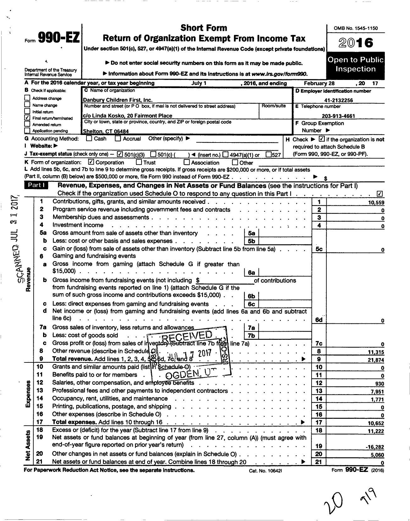 Image of first page of 2016 Form 990EZ for Danbury Children First