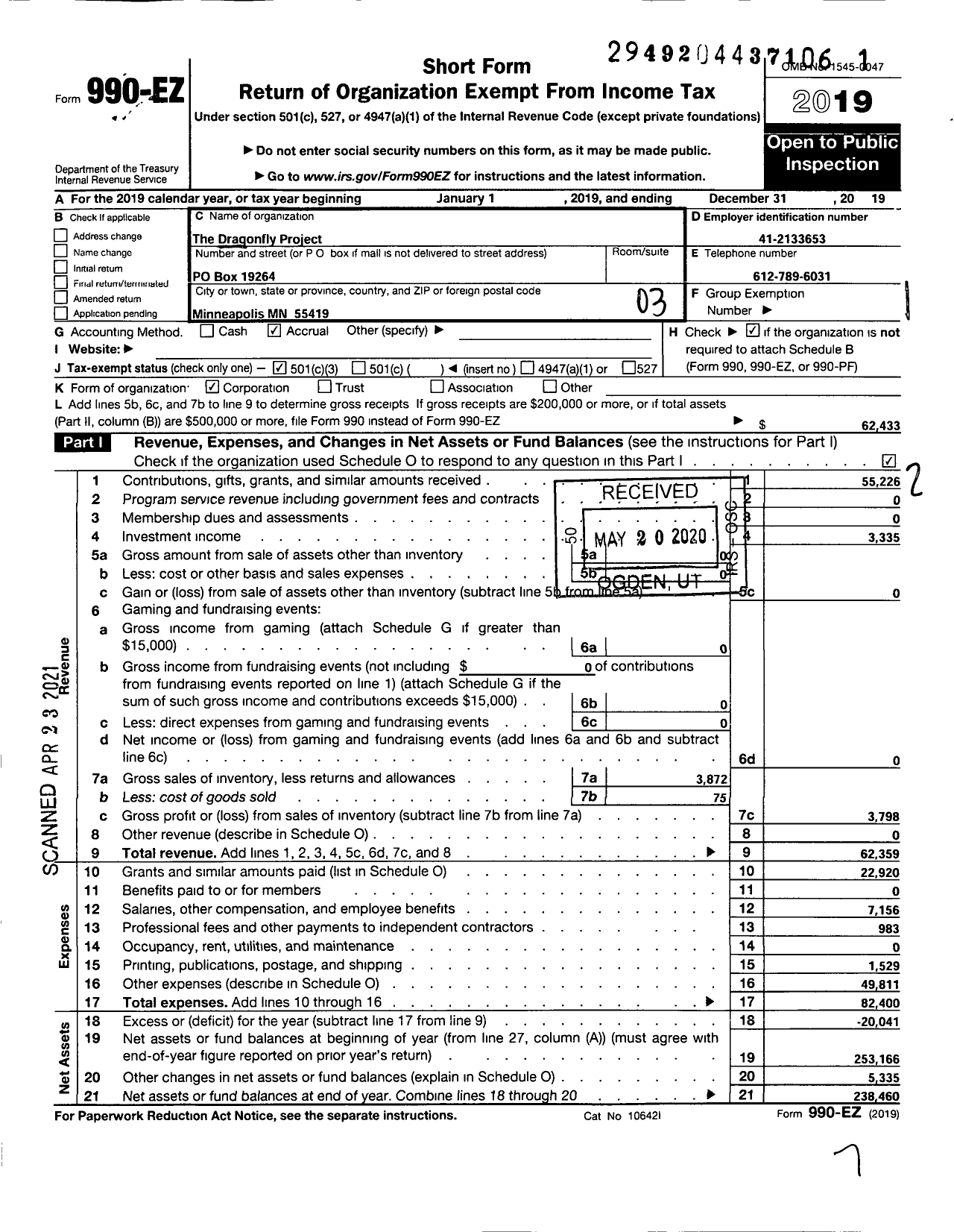 Image of first page of 2019 Form 990EZ for The Dragonfly Project