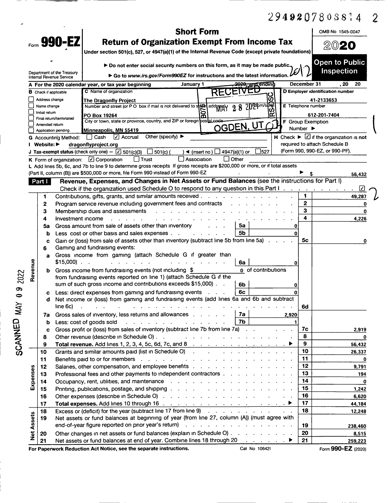 Image of first page of 2020 Form 990EZ for The Dragonfly Project