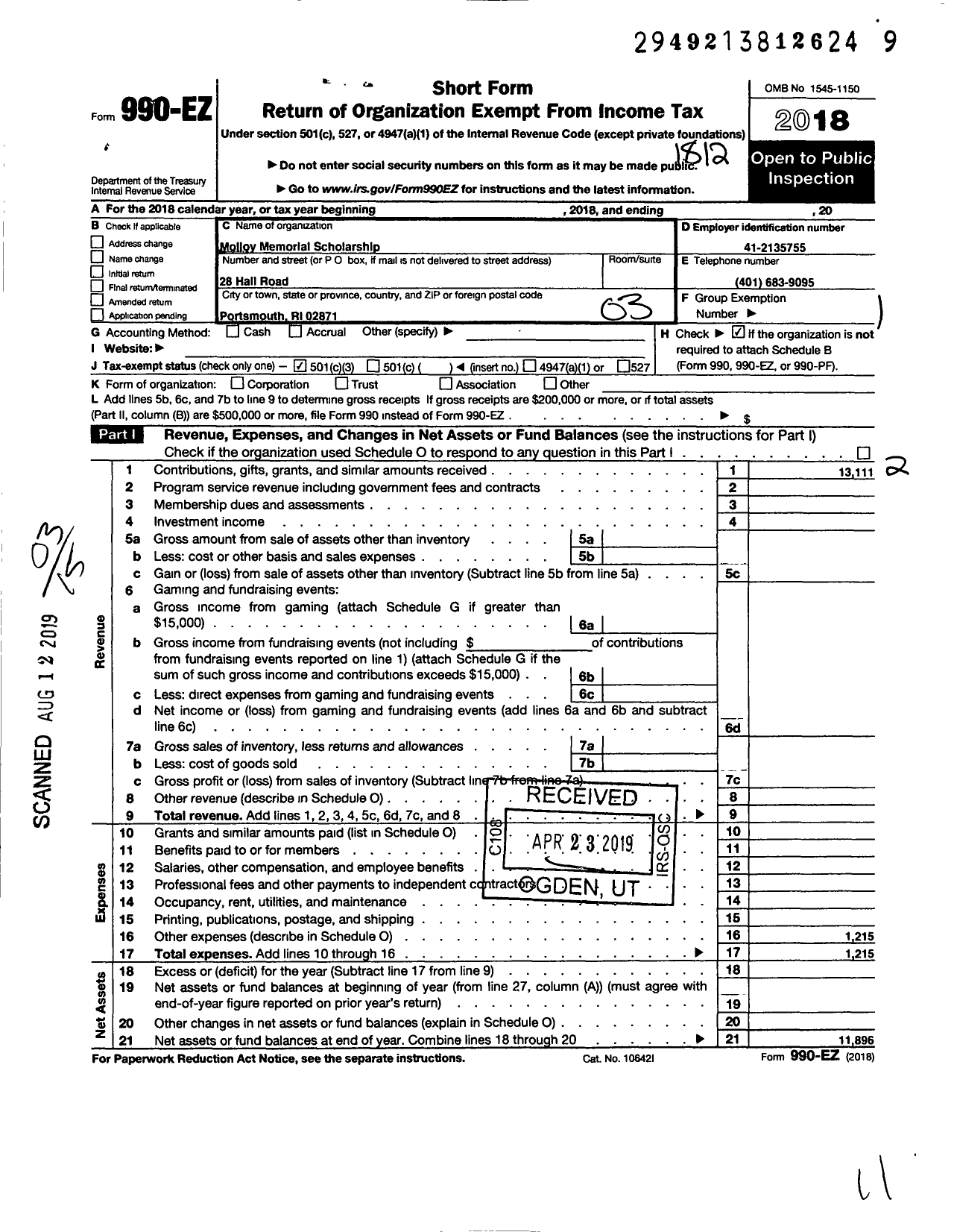 Image of first page of 2018 Form 990EZ for Molloy Memorial Scholarship