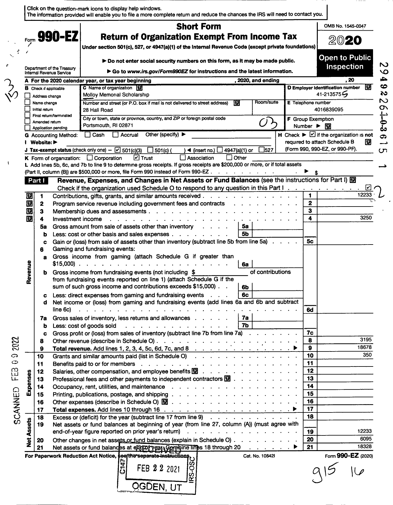 Image of first page of 2020 Form 990EZ for Molloy Memorial Scholarship