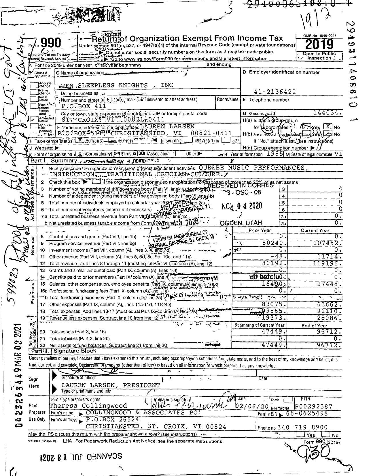 Image of first page of 2019 Form 990 for Ten Sleepless Knights