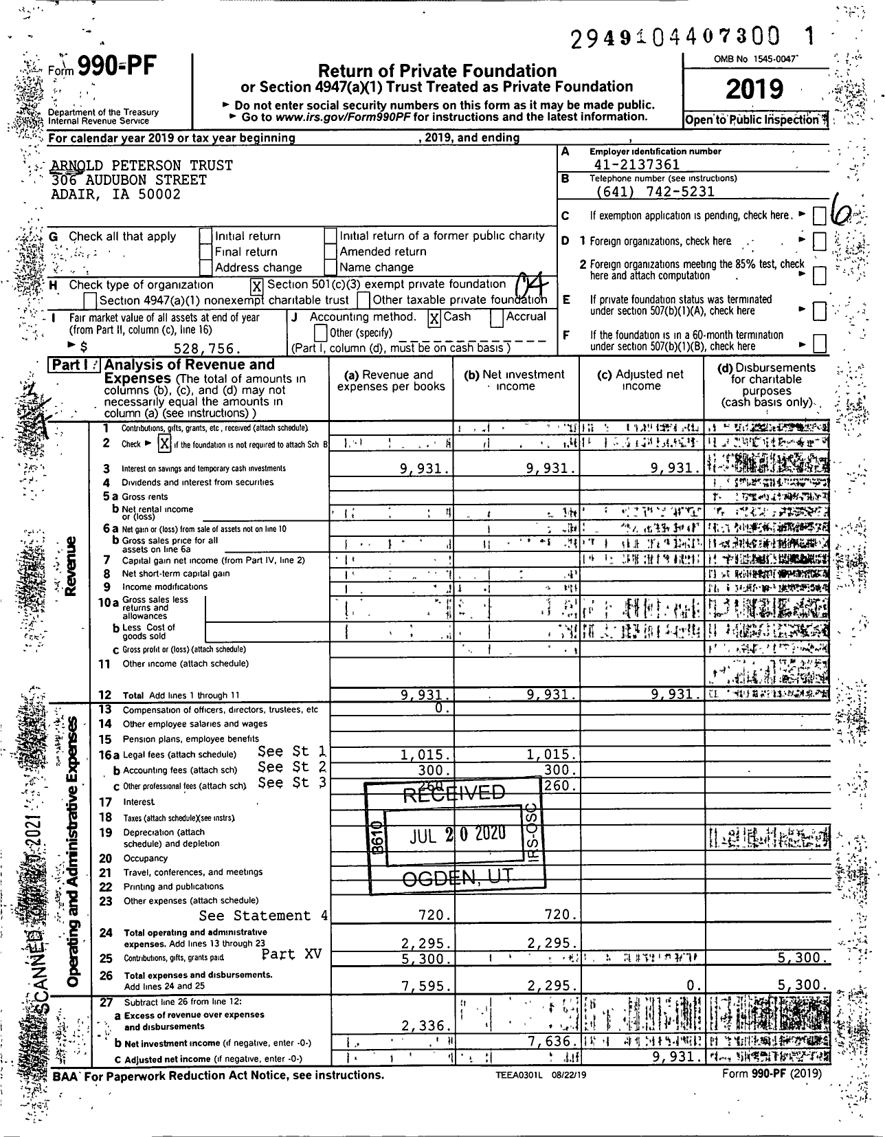 Image of first page of 2019 Form 990PF for Arnold-Peterson Aid Fund Trust