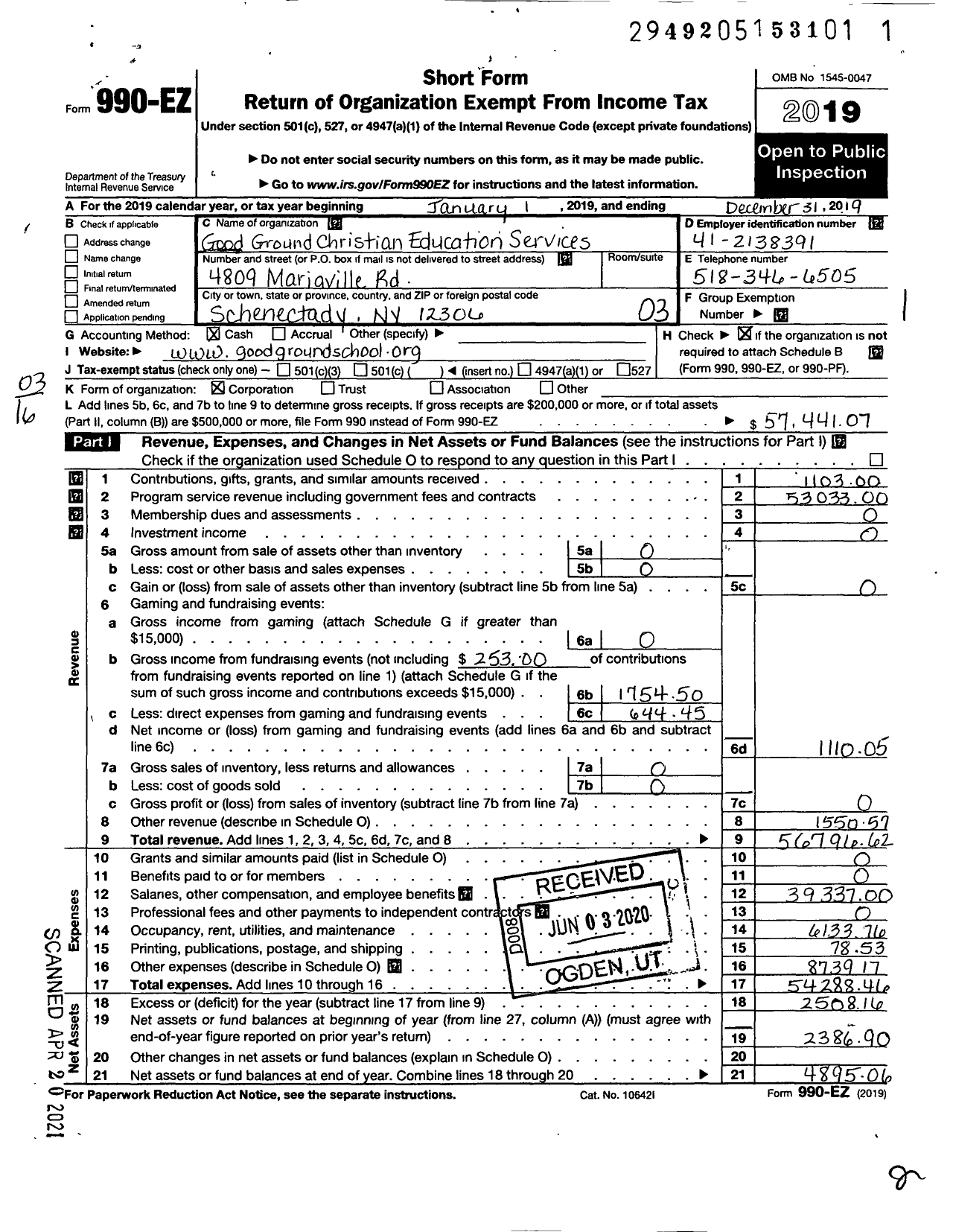 Image of first page of 2019 Form 990EZ for Good Ground Christian Education Services