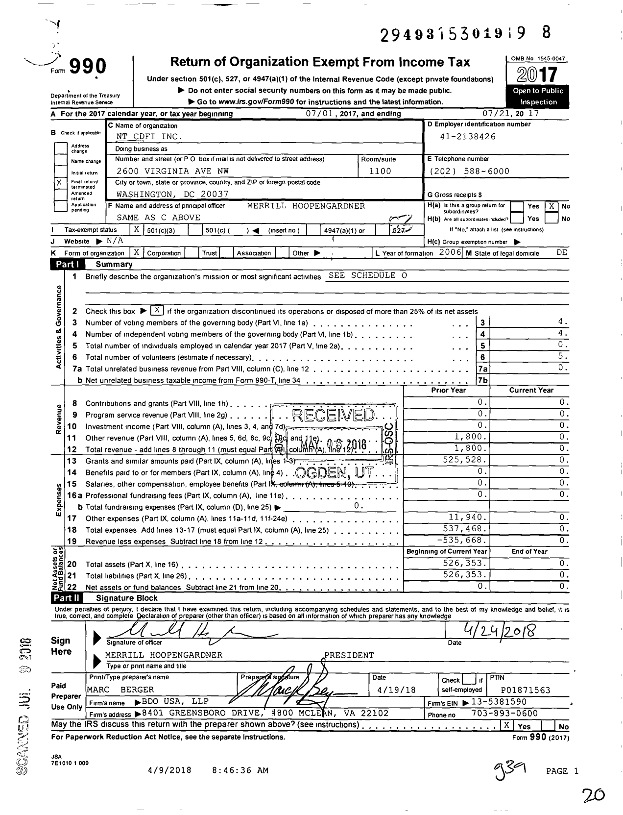 Image of first page of 2017 Form 990 for NT Cdfi