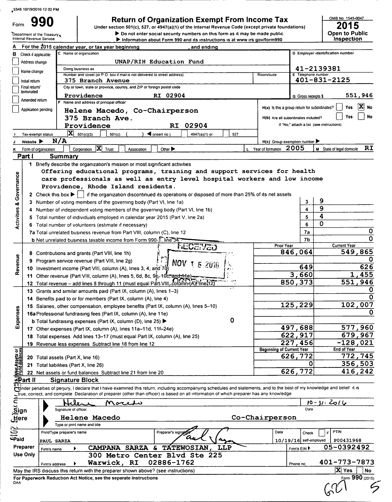 Image of first page of 2015 Form 990 for Unap Rih Education Fund