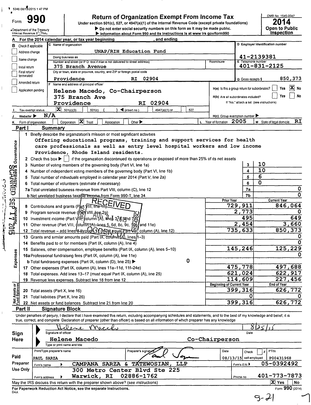Image of first page of 2014 Form 990 for Unap Rih Education Fund