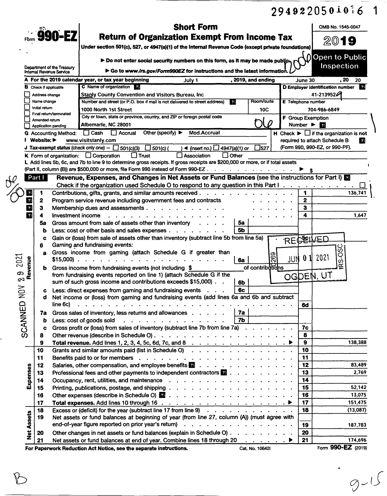 Image of first page of 2019 Form 990EO for Stanly County Convention and Visitors Bureau