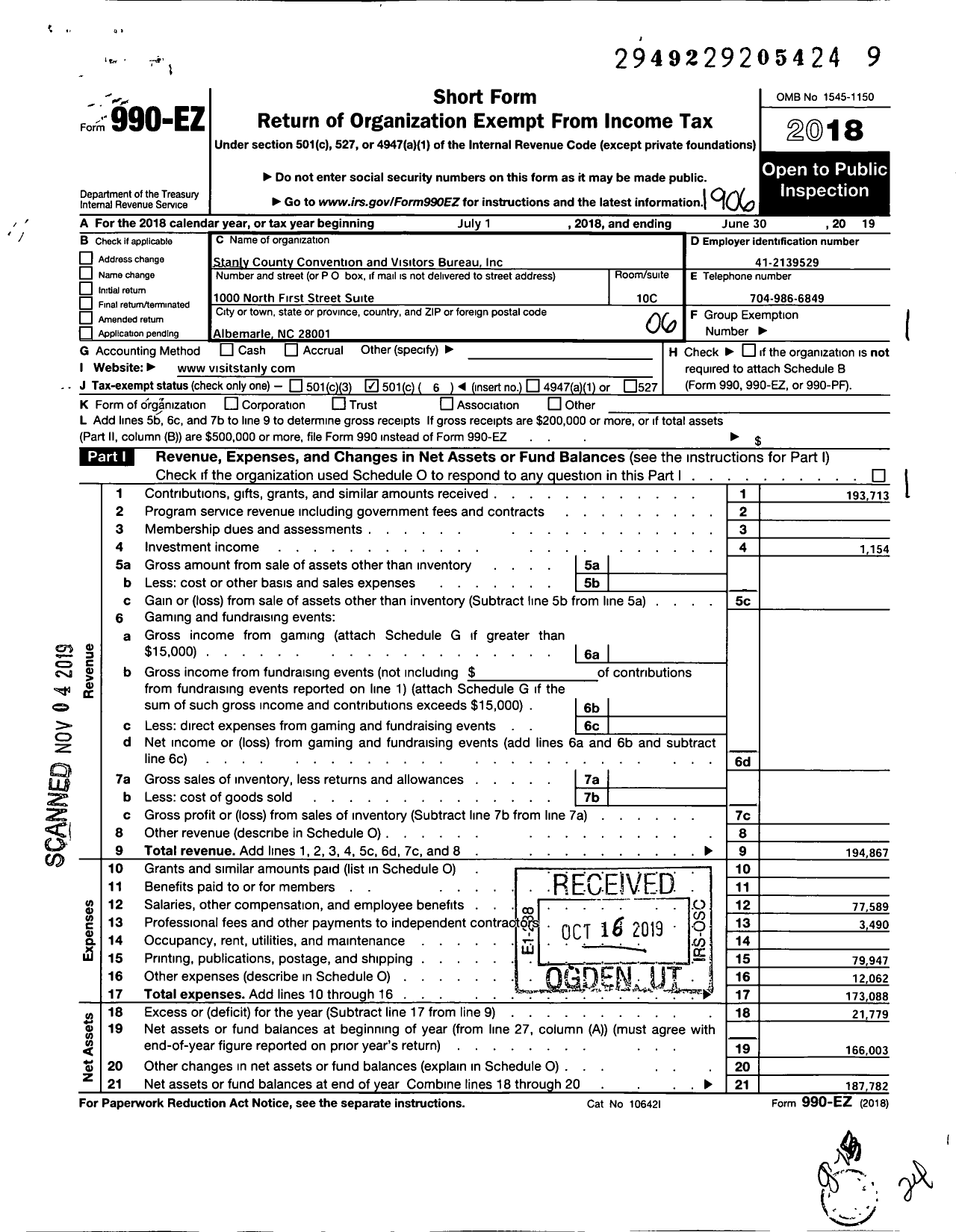 Image of first page of 2018 Form 990EO for Stanly County Convention and Visitors Bureau