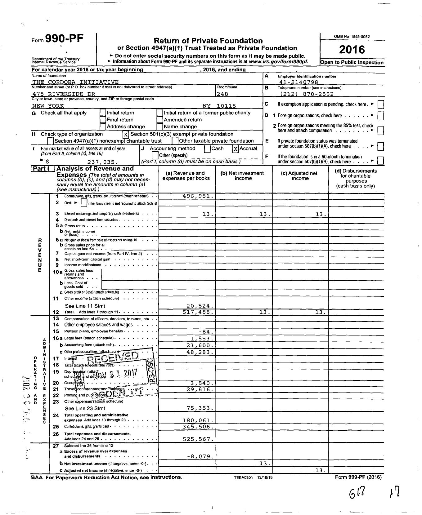 Image of first page of 2016 Form 990PF for The Cordoba Initiative