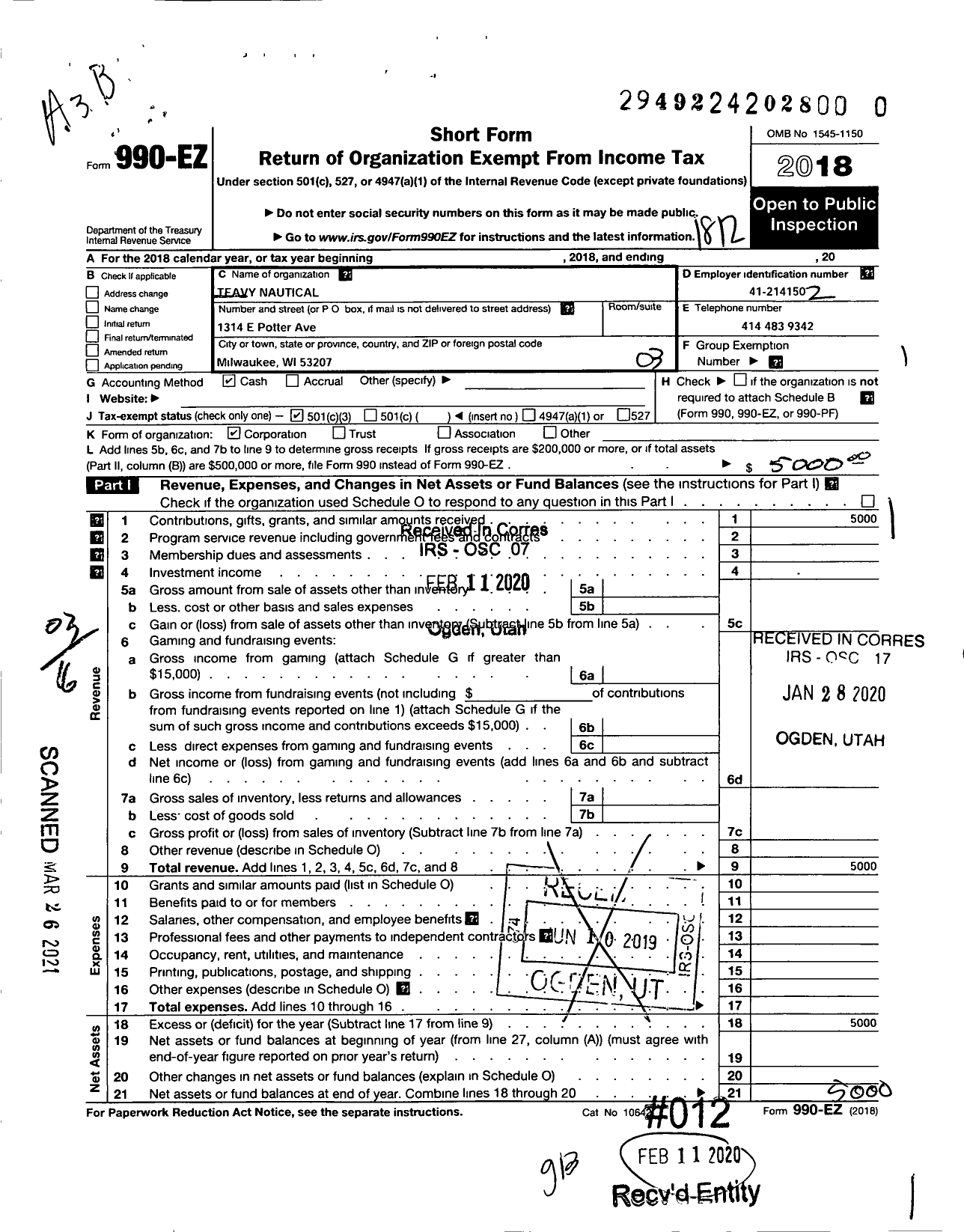 Image of first page of 2018 Form 990EZ for Teavy Nautical Corporation