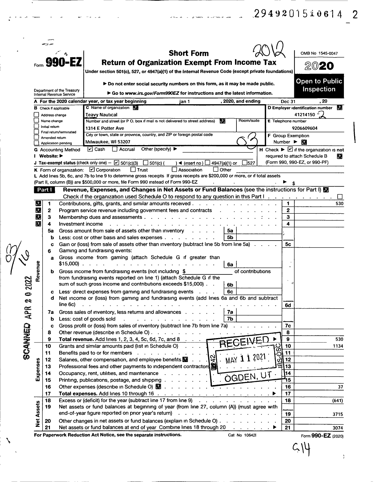 Image of first page of 2020 Form 990EZ for Teavy Nautical Corporation