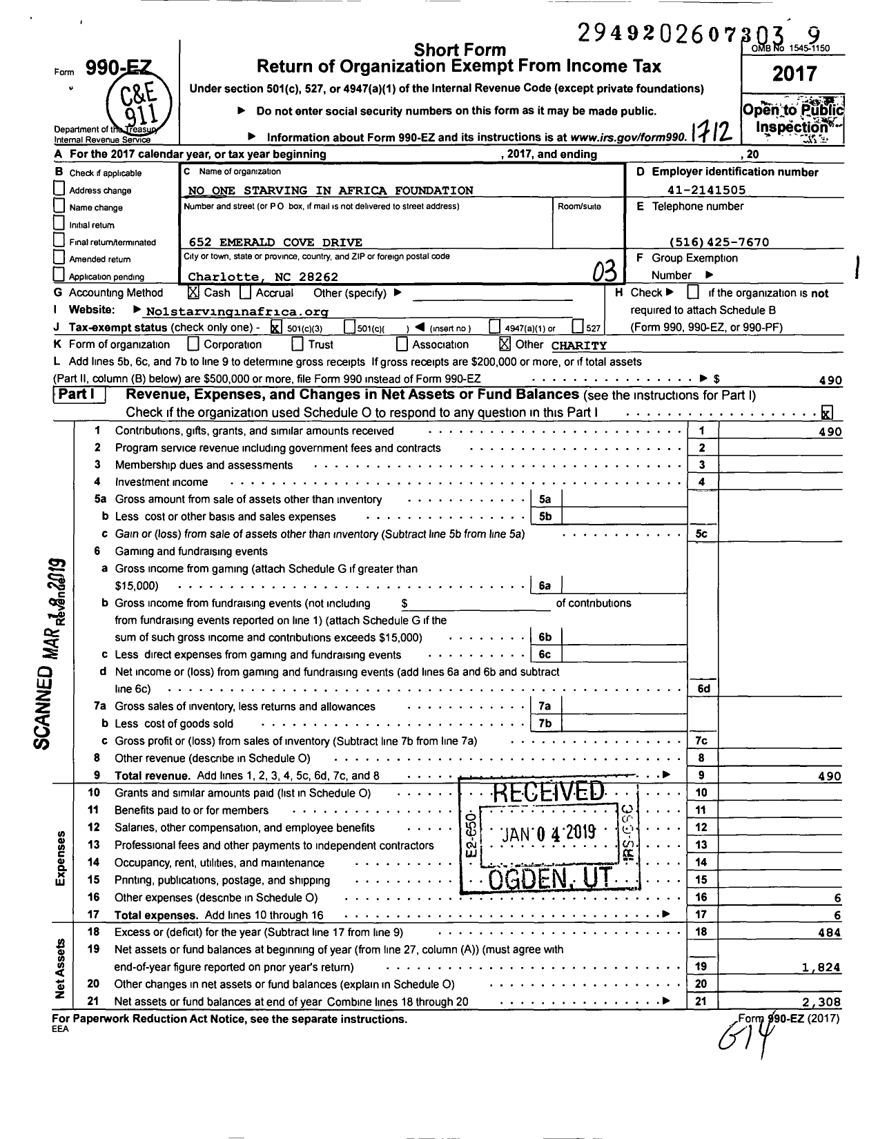 Image of first page of 2017 Form 990EZ for No One Starving in Africa Foundation