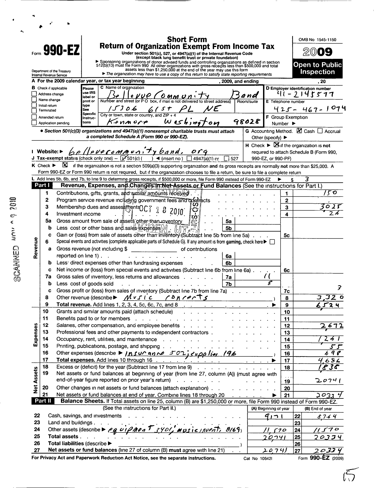 Image of first page of 2009 Form 990EO for Bellevue Community Band