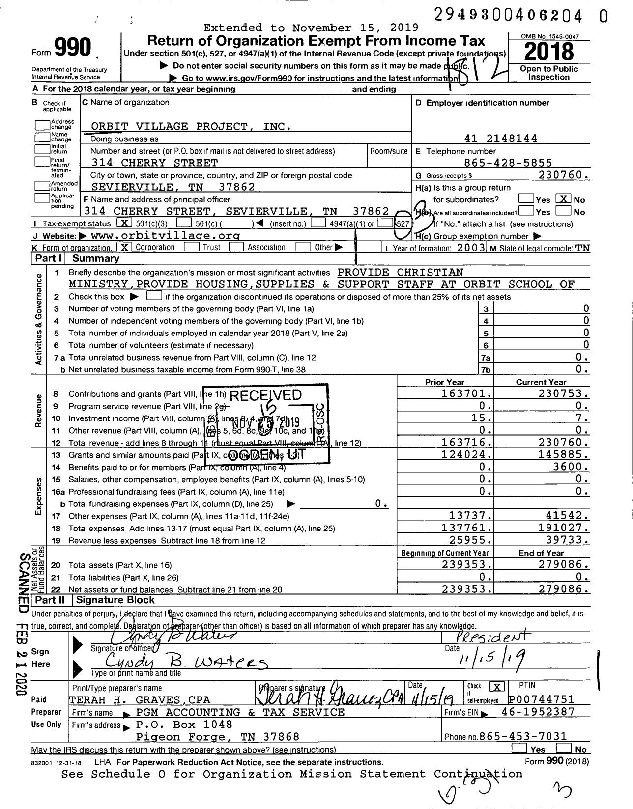 Image of first page of 2018 Form 990 for Orbit Village Project