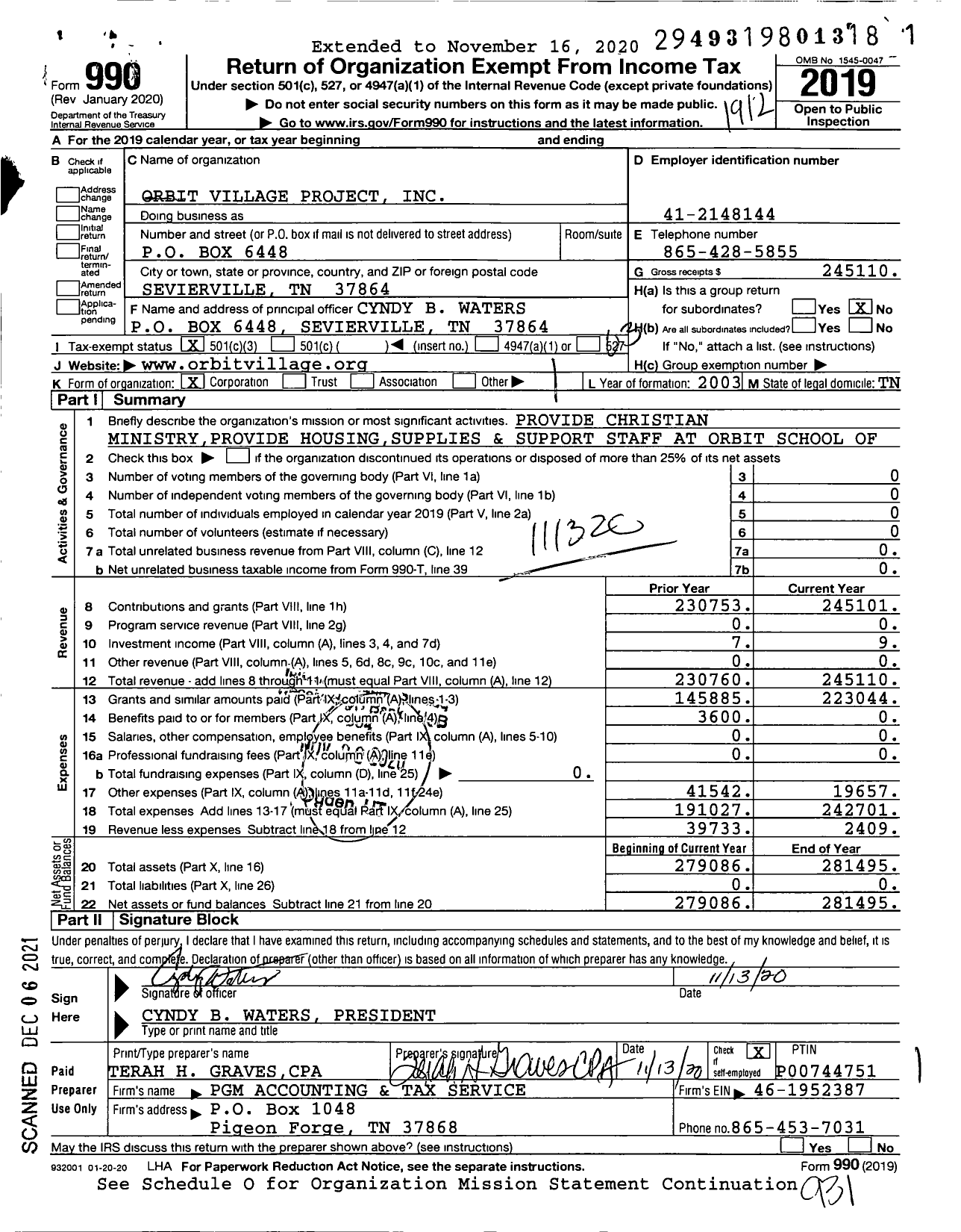 Image of first page of 2019 Form 990 for Orbit Village Project