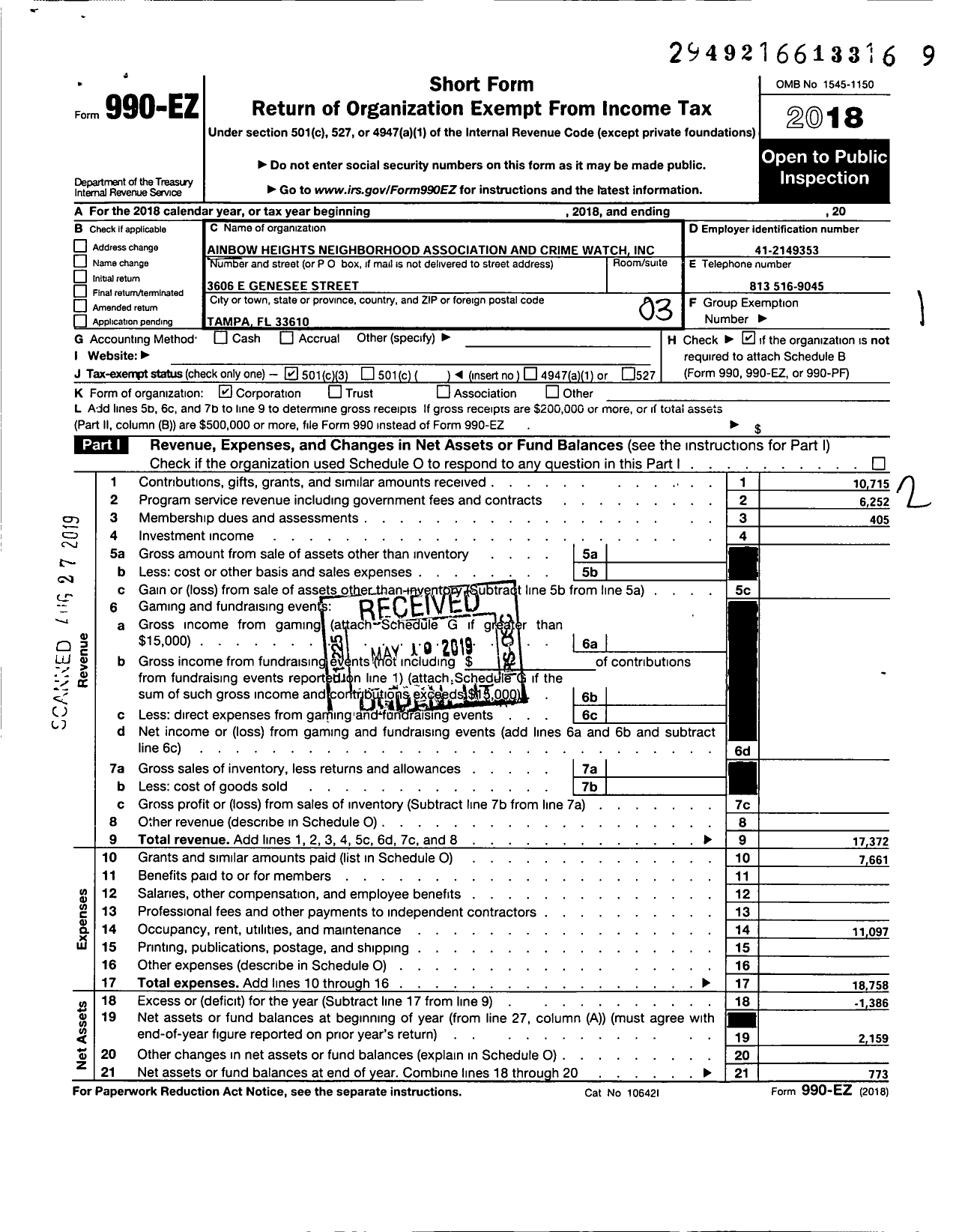 Image of first page of 2018 Form 990EZ for Rainbow Heights Neighborhood Association and Crime Watch