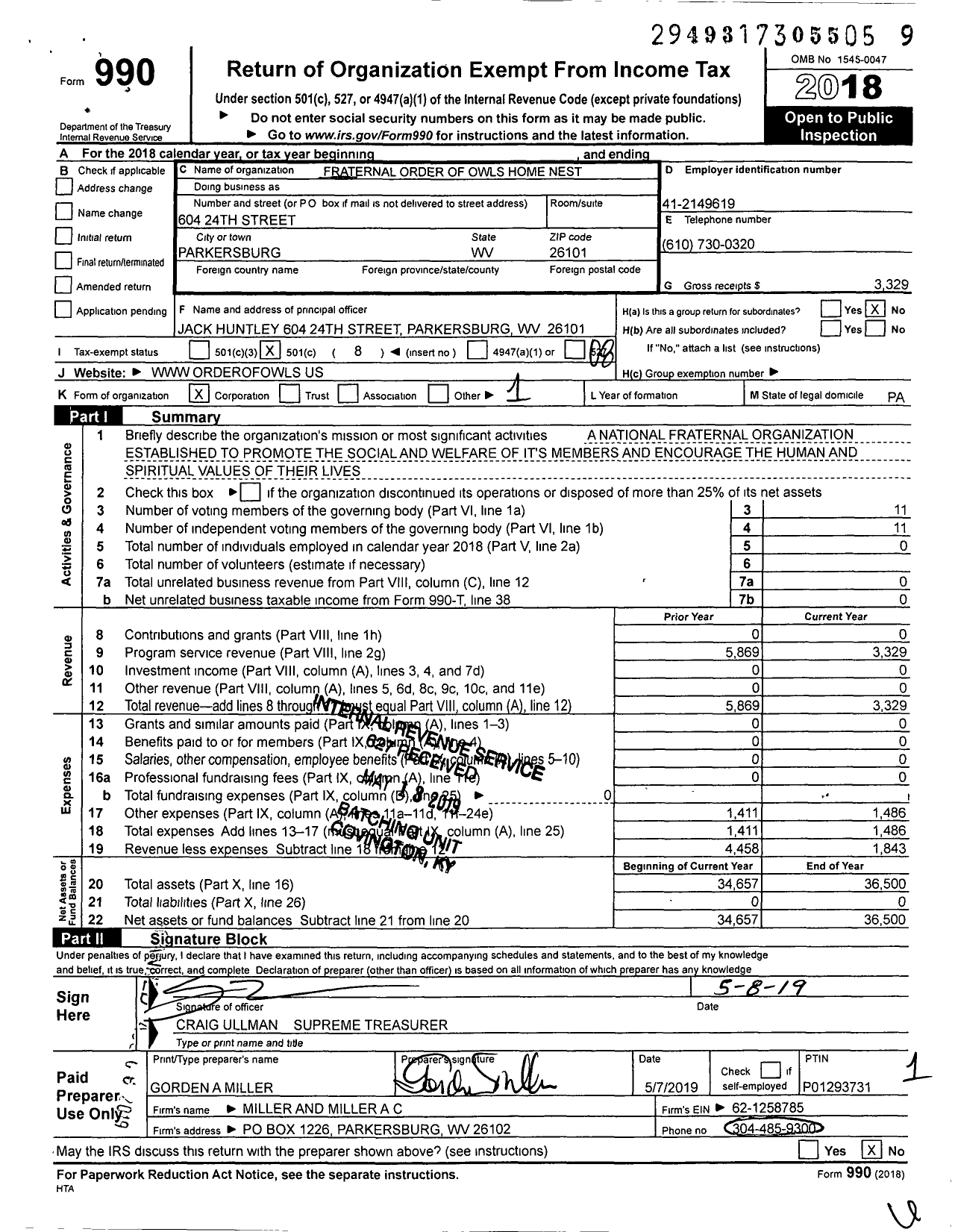 Image of first page of 2018 Form 990O for Fraternal Order of Owls Home Nest