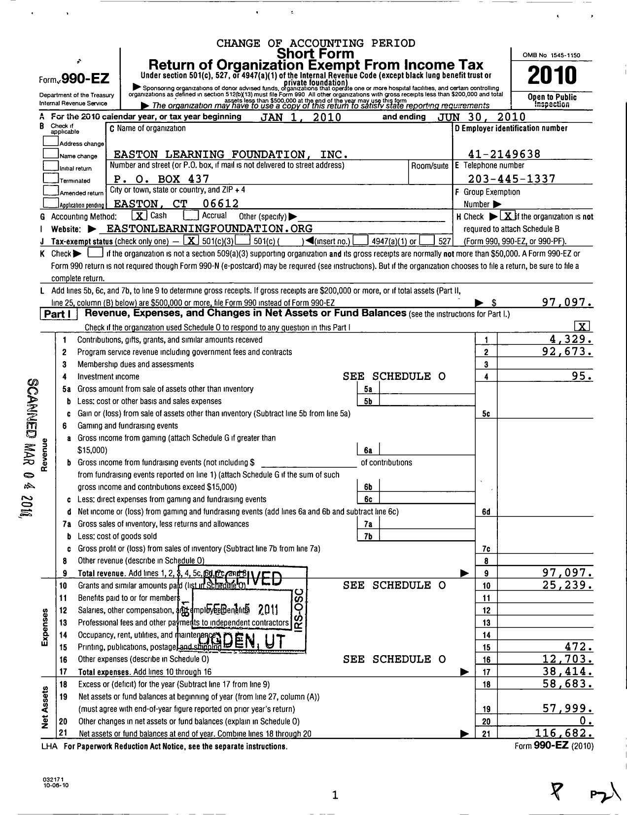 Image of first page of 2009 Form 990EZ for Easton Learning Foundation