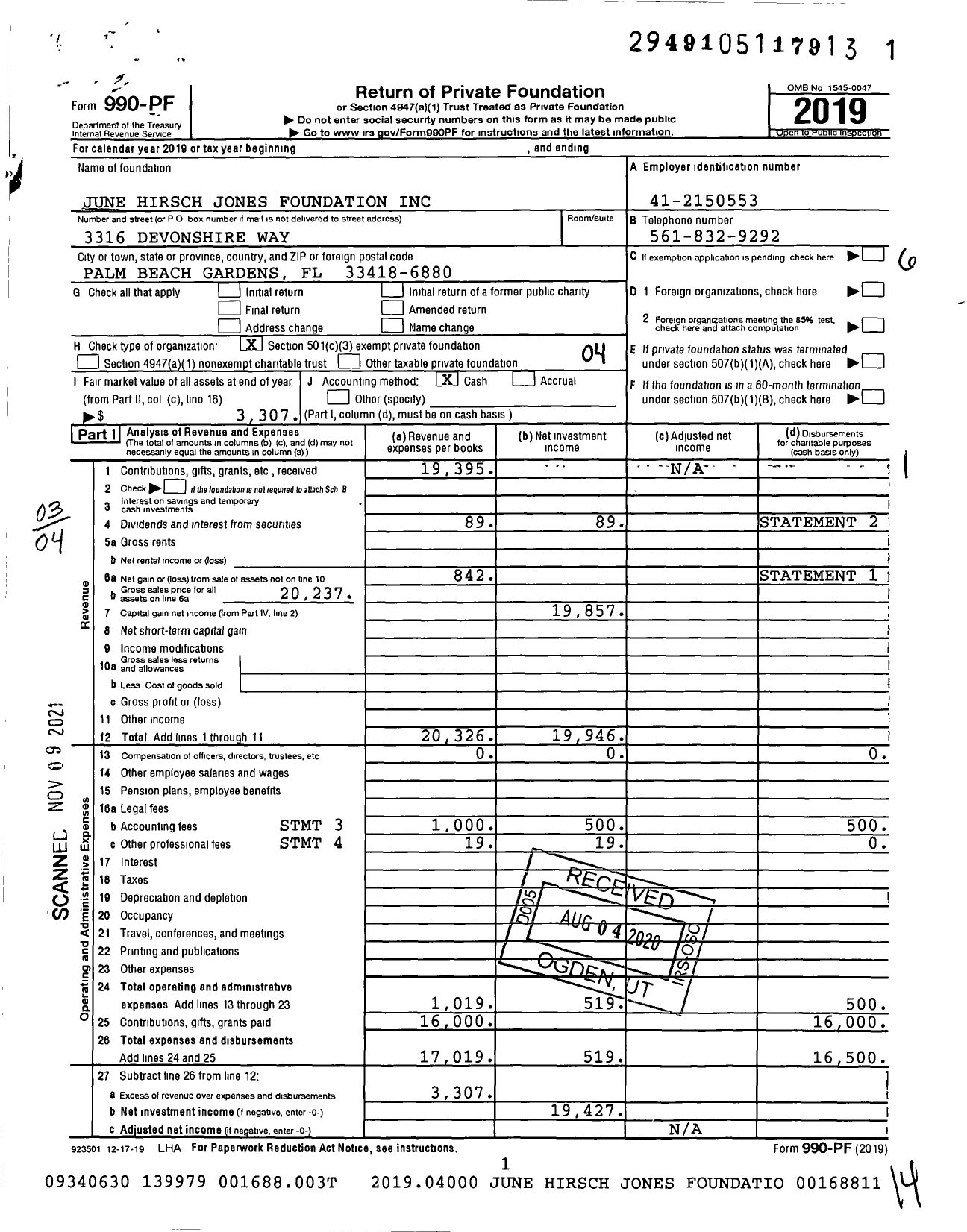 Image of first page of 2019 Form 990PF for June Hirsch Jones Foundation Im