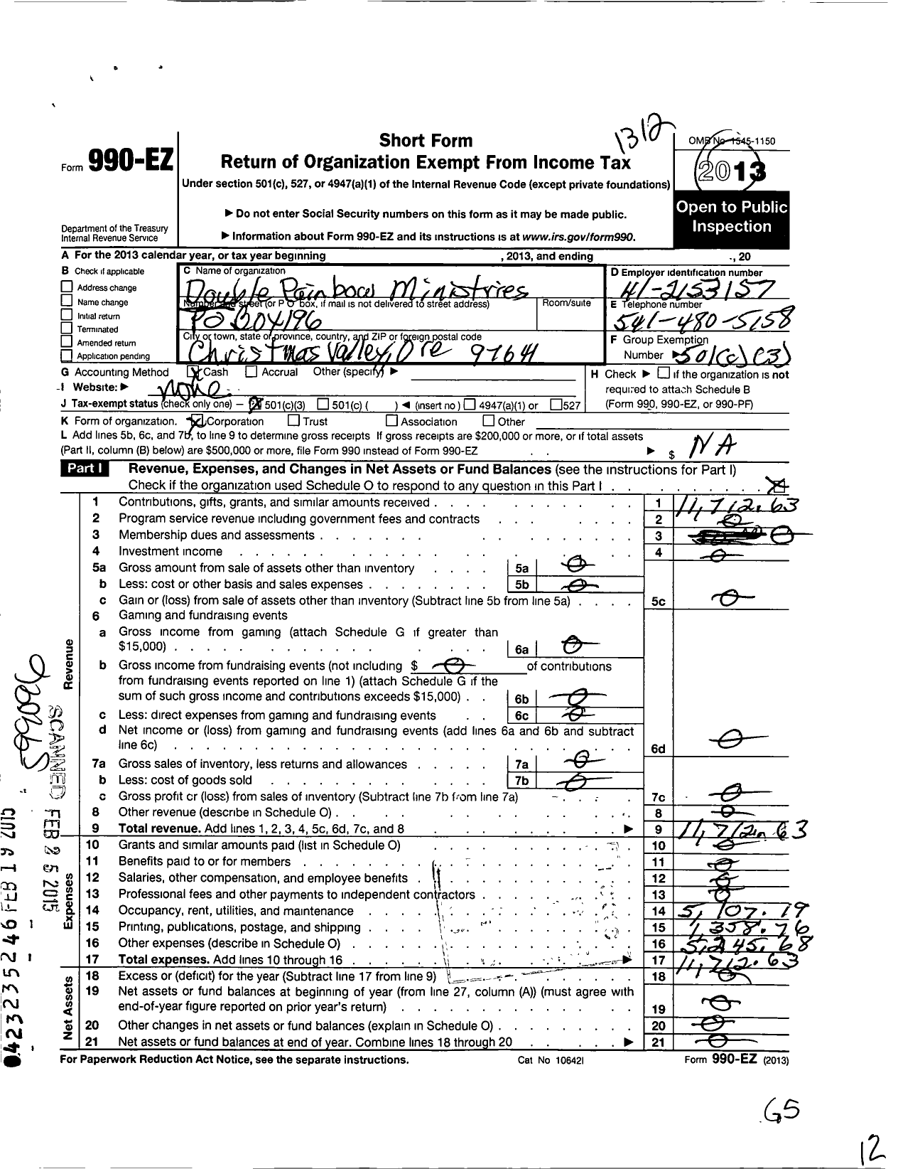 Image of first page of 2013 Form 990EZ for Double Rainbow Ministries Peace Acres Bible Retreat