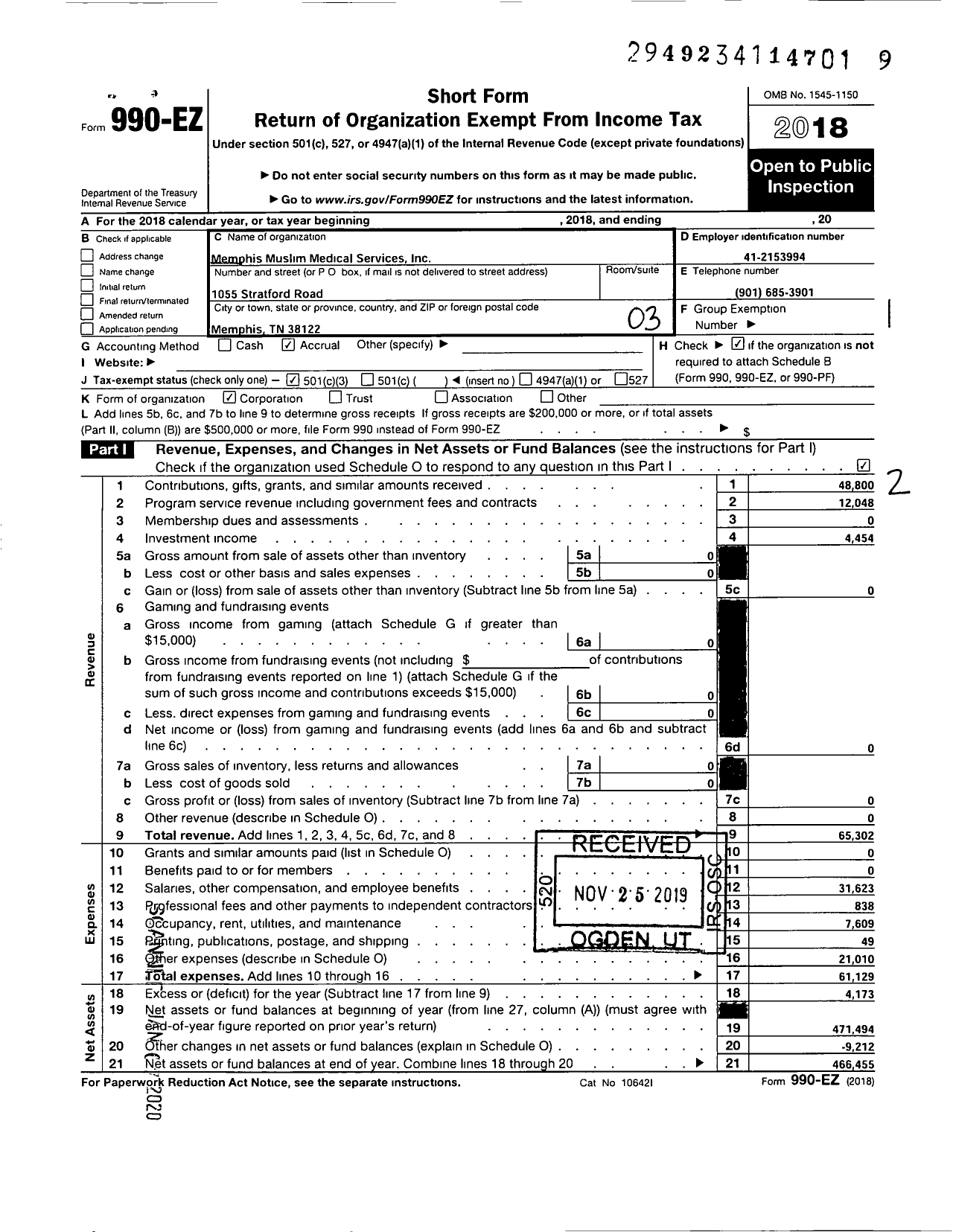 Image of first page of 2018 Form 990EZ for Memphis Muslim Medical Clinic