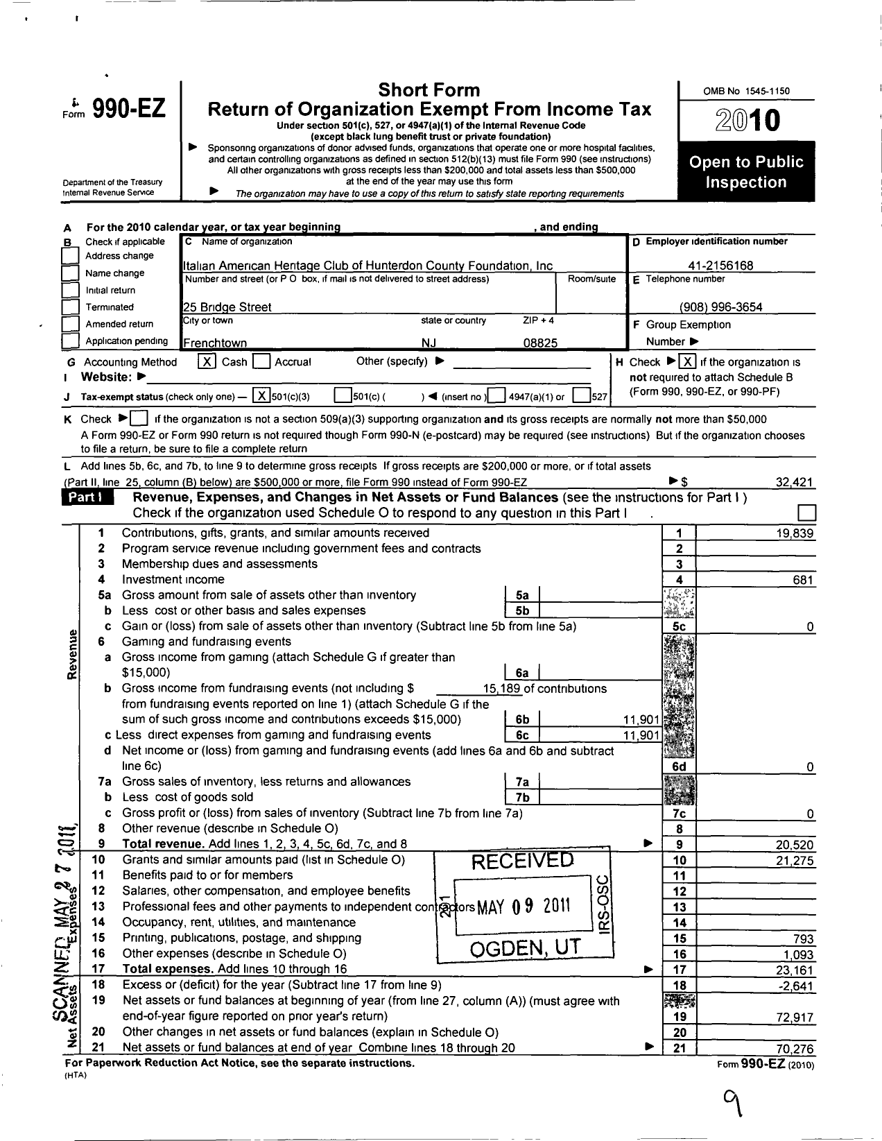 Image of first page of 2010 Form 990EZ for Italian American Heritage Club of Hunterdon County