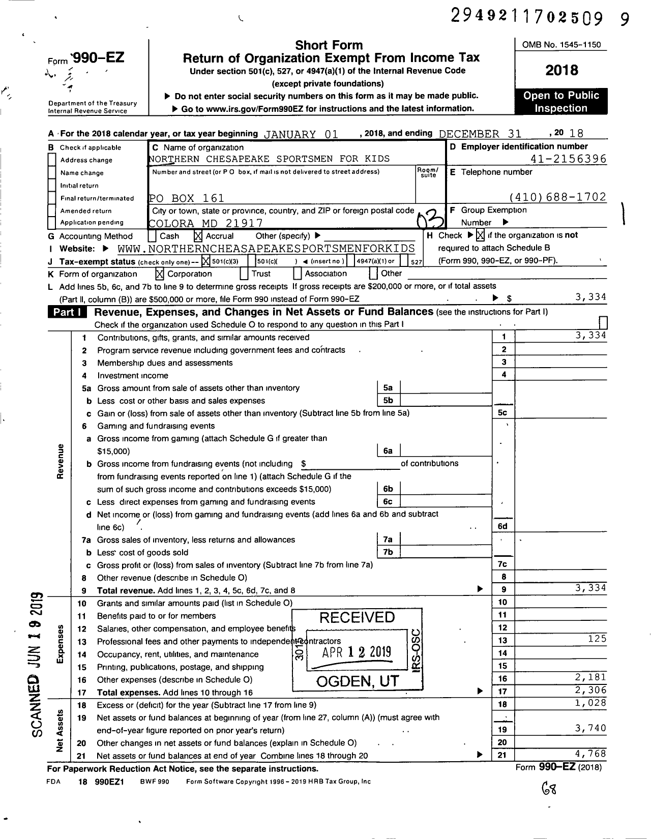 Image of first page of 2018 Form 990EZ for Northern Chesapeake Sportsmen for Kids