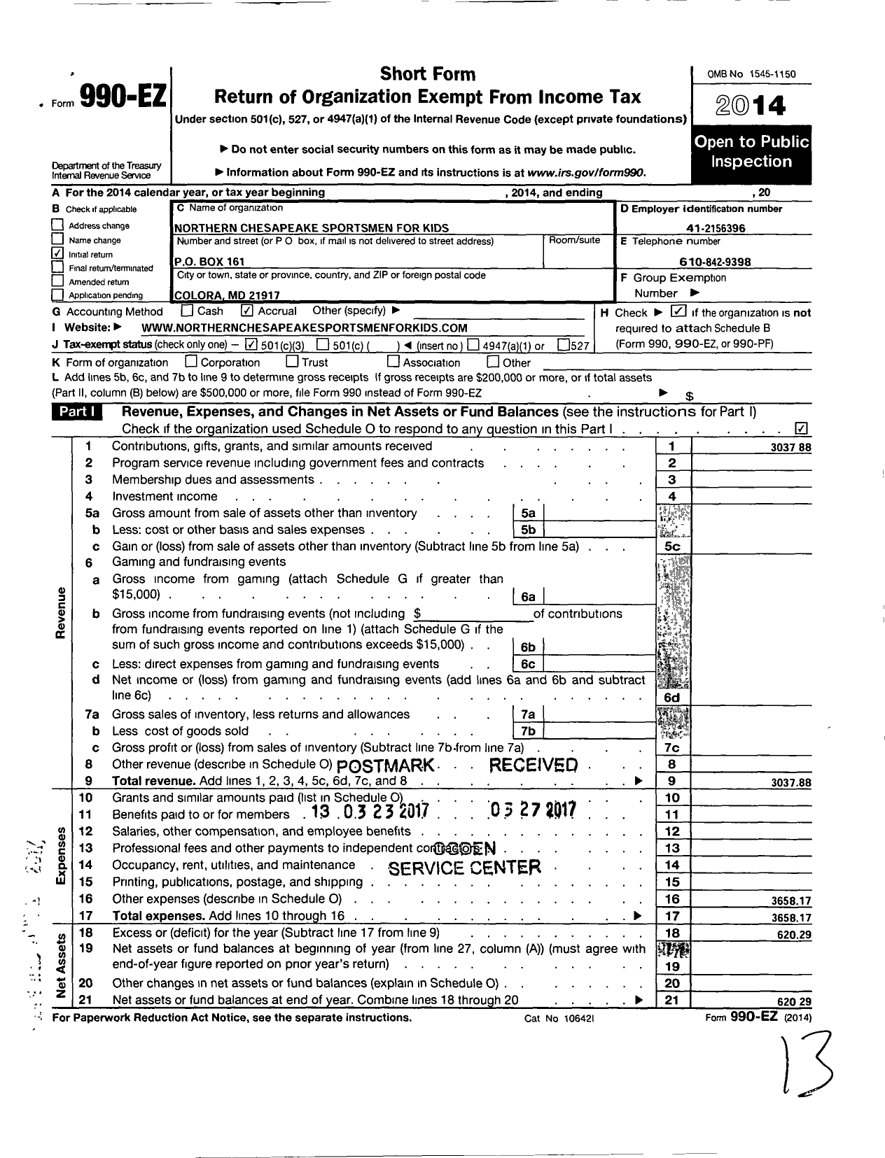 Image of first page of 2014 Form 990EZ for Northern Chesapeake Sportsmen for Kids