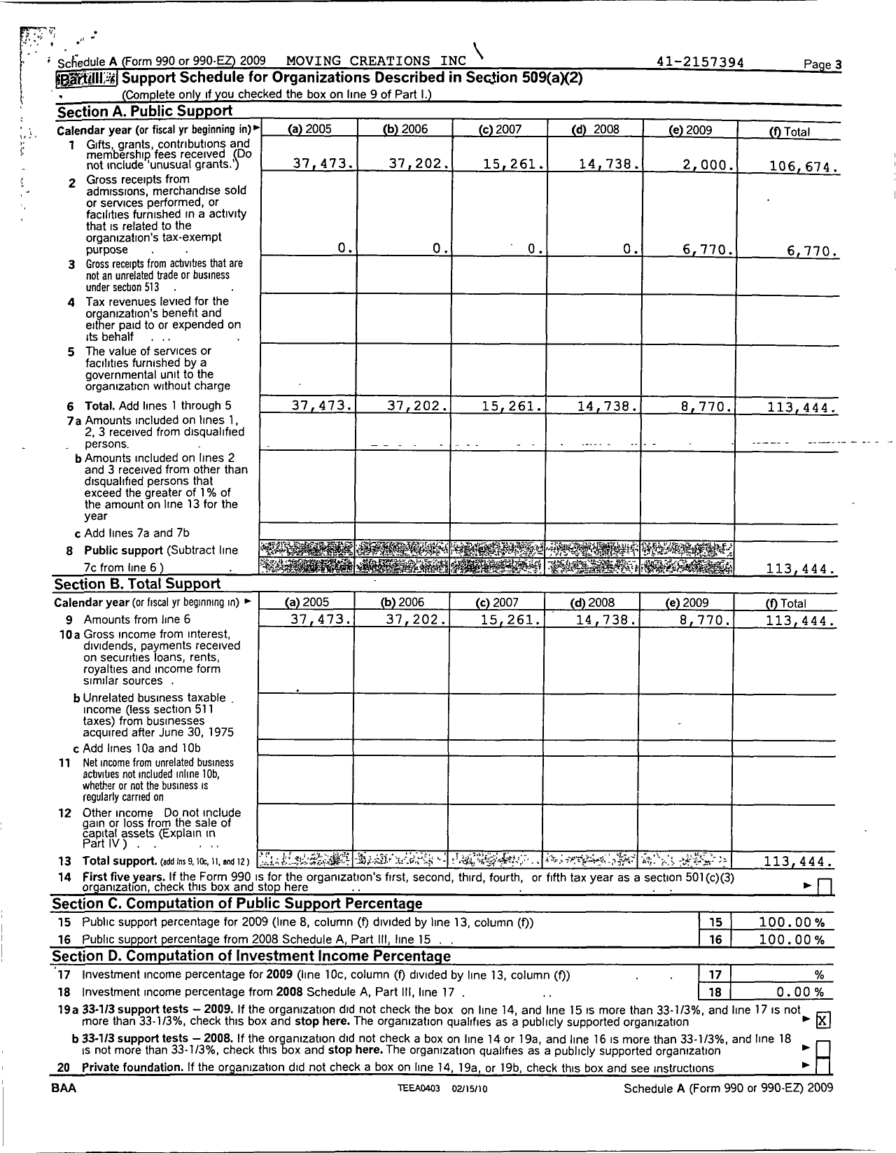 Image of first page of 2009 Form 990ER for Moving Creations