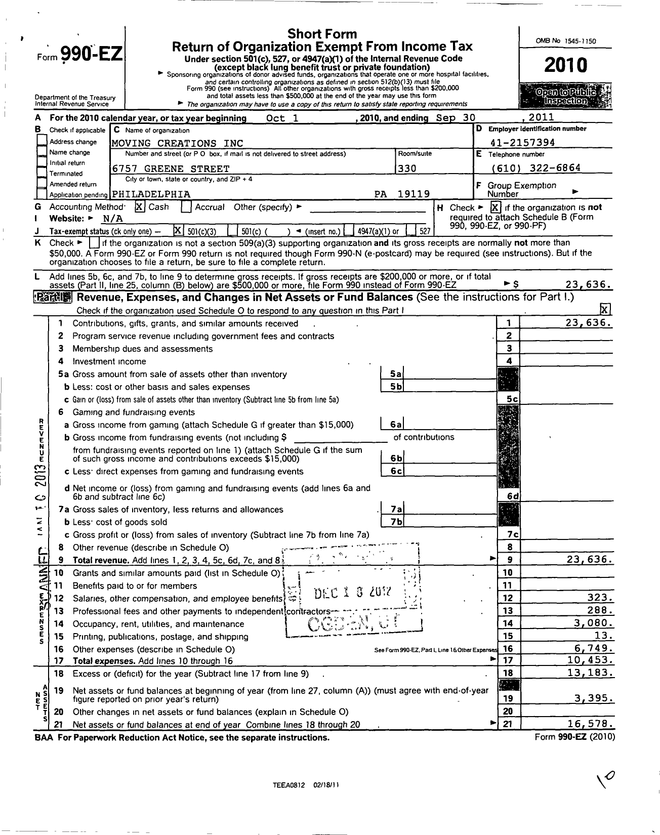 Image of first page of 2010 Form 990EZ for Moving Creations